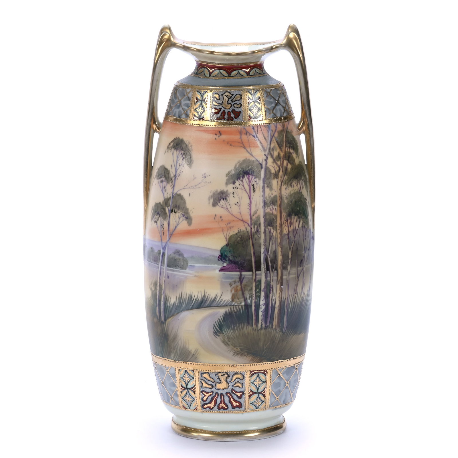 Two Handled Oval Vase, Marked Nippon: Two Handled Oval Vase, Marked Nippon, 12.5 x 5.25 x 4 Inches, Lake And Drive Decor, Nice Decorative Border, 2.4 Pounds, Private Collection, Michigan. Effective 6/6/26, All LiveAuctioneers Invoices Mus