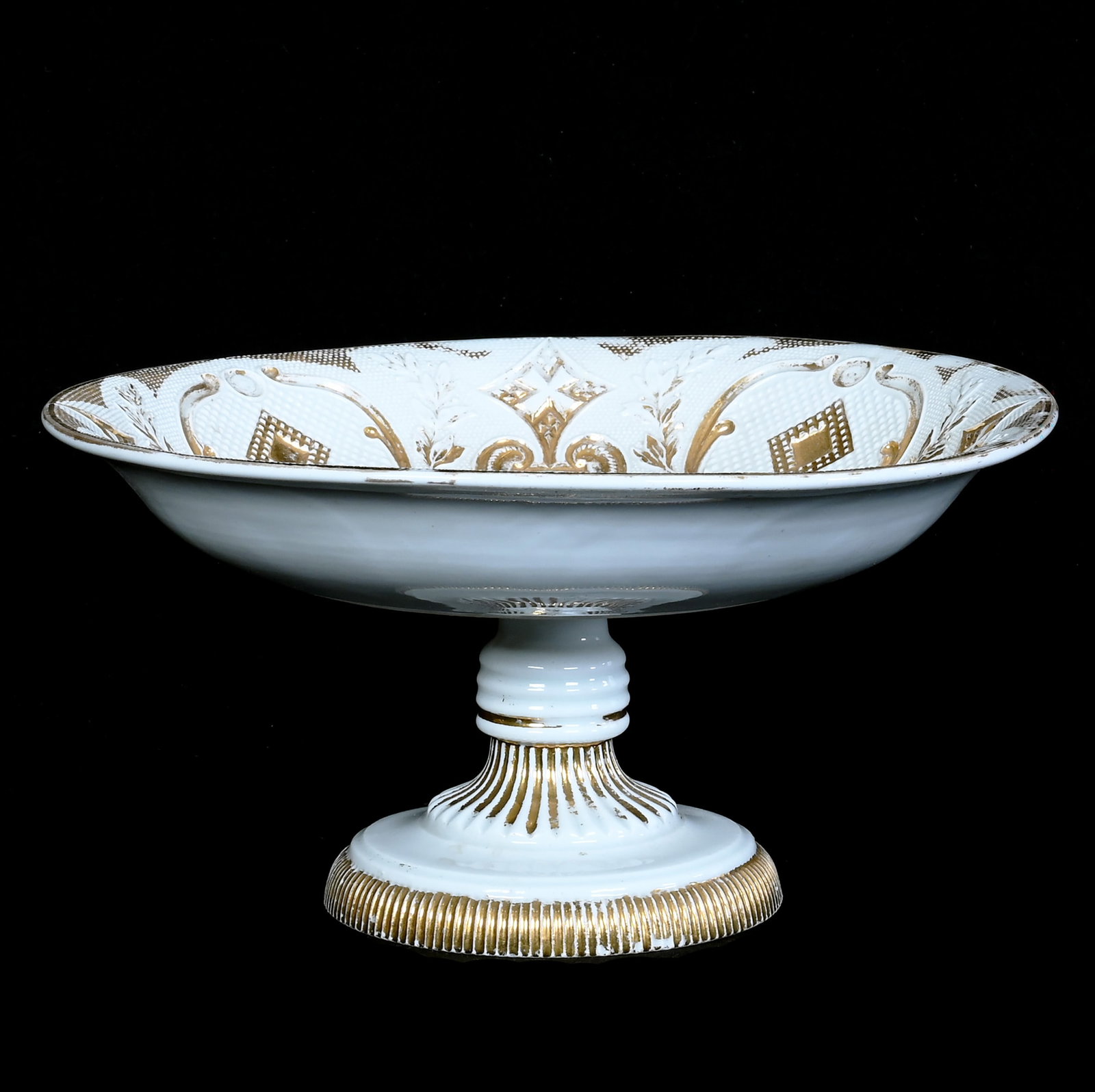 Pedestal Compote, Marked Meissen, Blue Crossed Swords: Pedestal Compote, Marked Meissen, Blue Crossed Swords, 5 x 10 x 10 Inches, White With Elaborate Gold Gilded Design, Repair Between Bowl And Stem, 2.1 Pounds, Private Collection, Michigan. Effective 6/