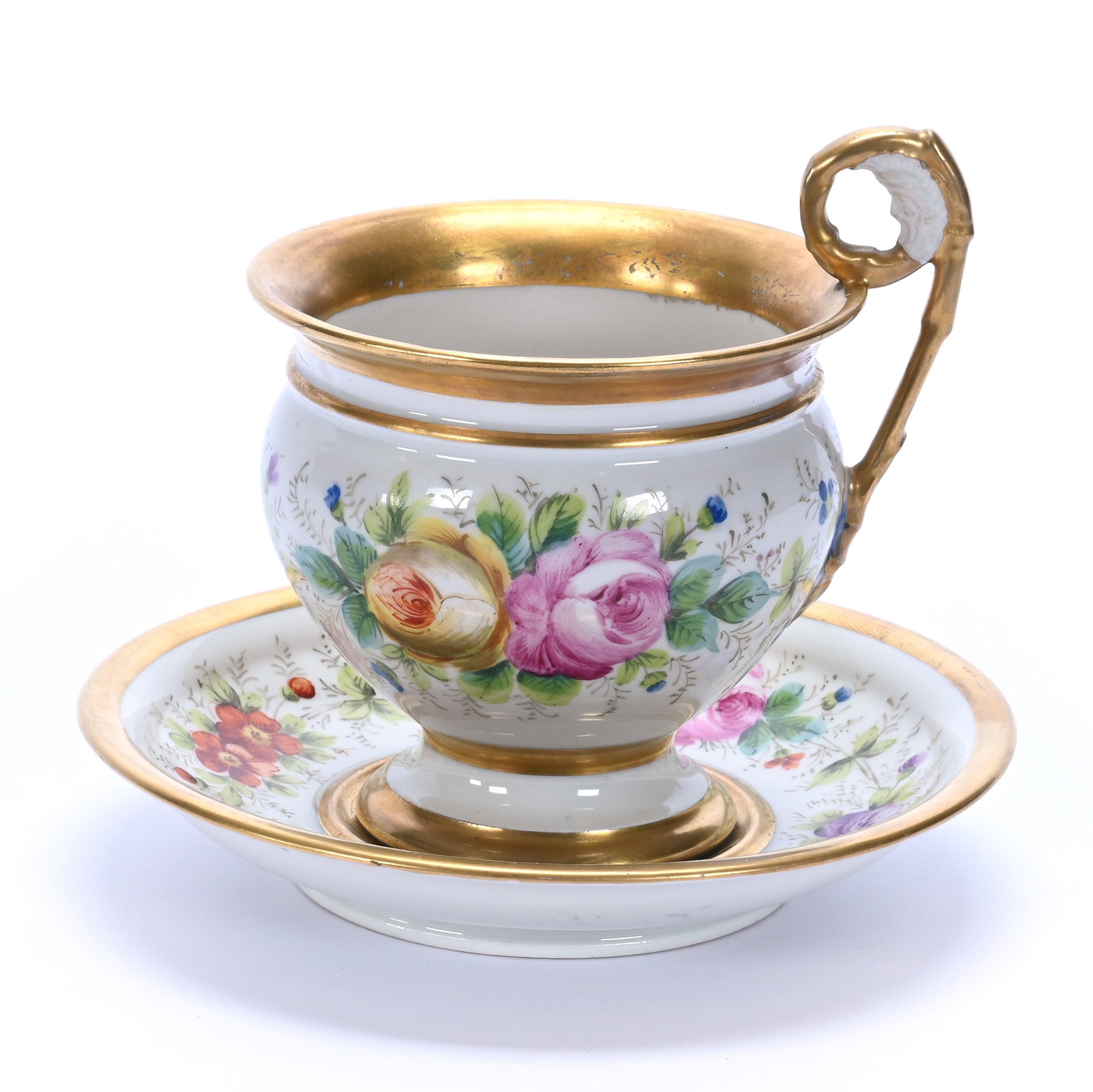 Large Cup And Saucer, Old Paris Style, French Empire: Large Cup And Saucer, Old Paris Style, French Empire, 5.5 x 6.5 x 6.5 Inches, Circa Late 19th Century, Cream With Colorful Hand Painted Floral Decor, Nice Gold Trim, 1.1 Pounds, Private Collection, Mi
