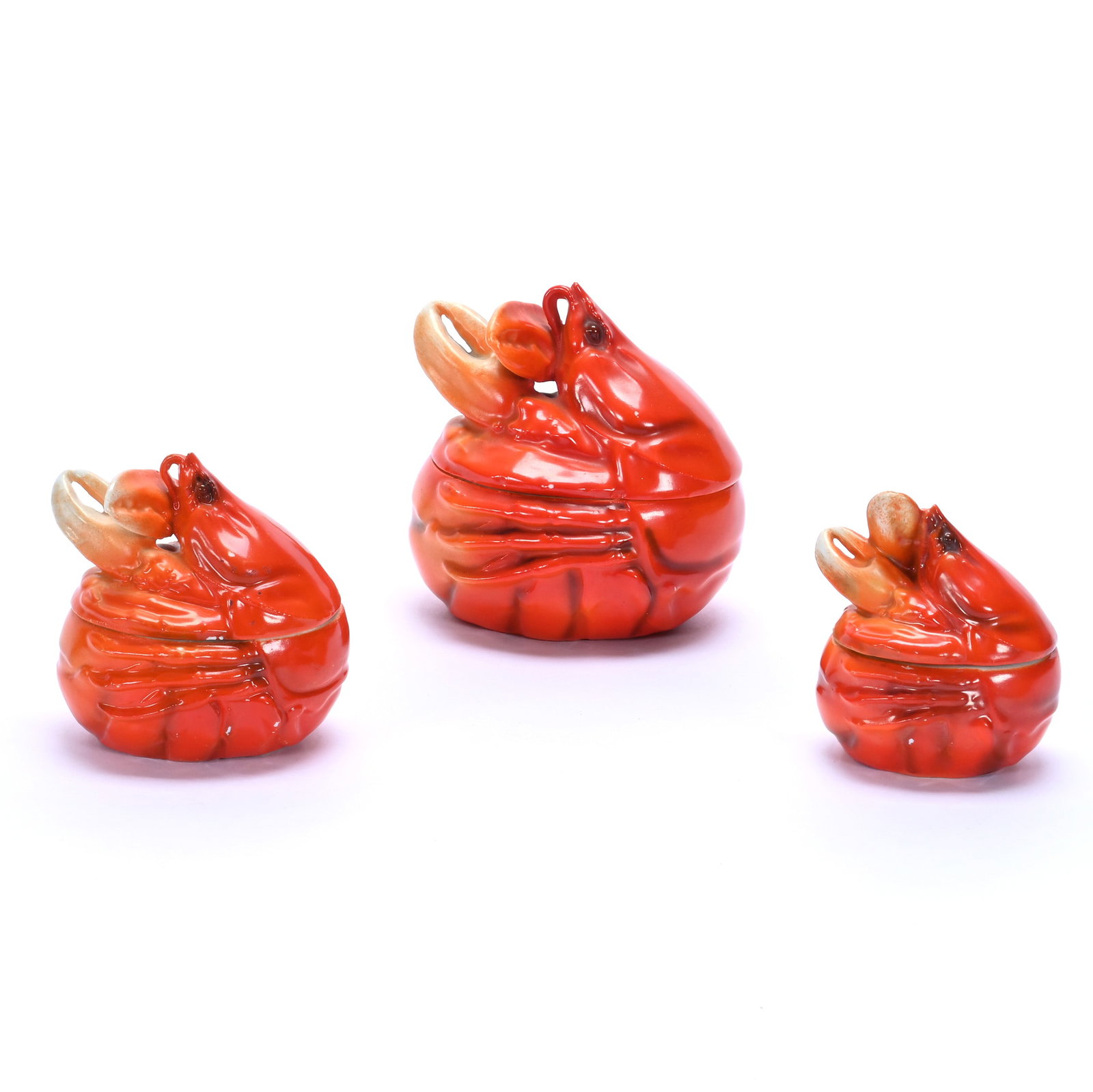 (3) Figural Covered Boxes, Royal Bayreuth Blue Mark: (3) Figural Covered Boxes, Royal Bayreuth Blue Mark, 4.75 x 4.75 x 4 Inches, Red Lobster, (1) Large Box, (1) 3.75" Medium Box, Has Rim Nicks (1) 3.5" Small Box, 1.3 Pounds, Private Collection, Michiga