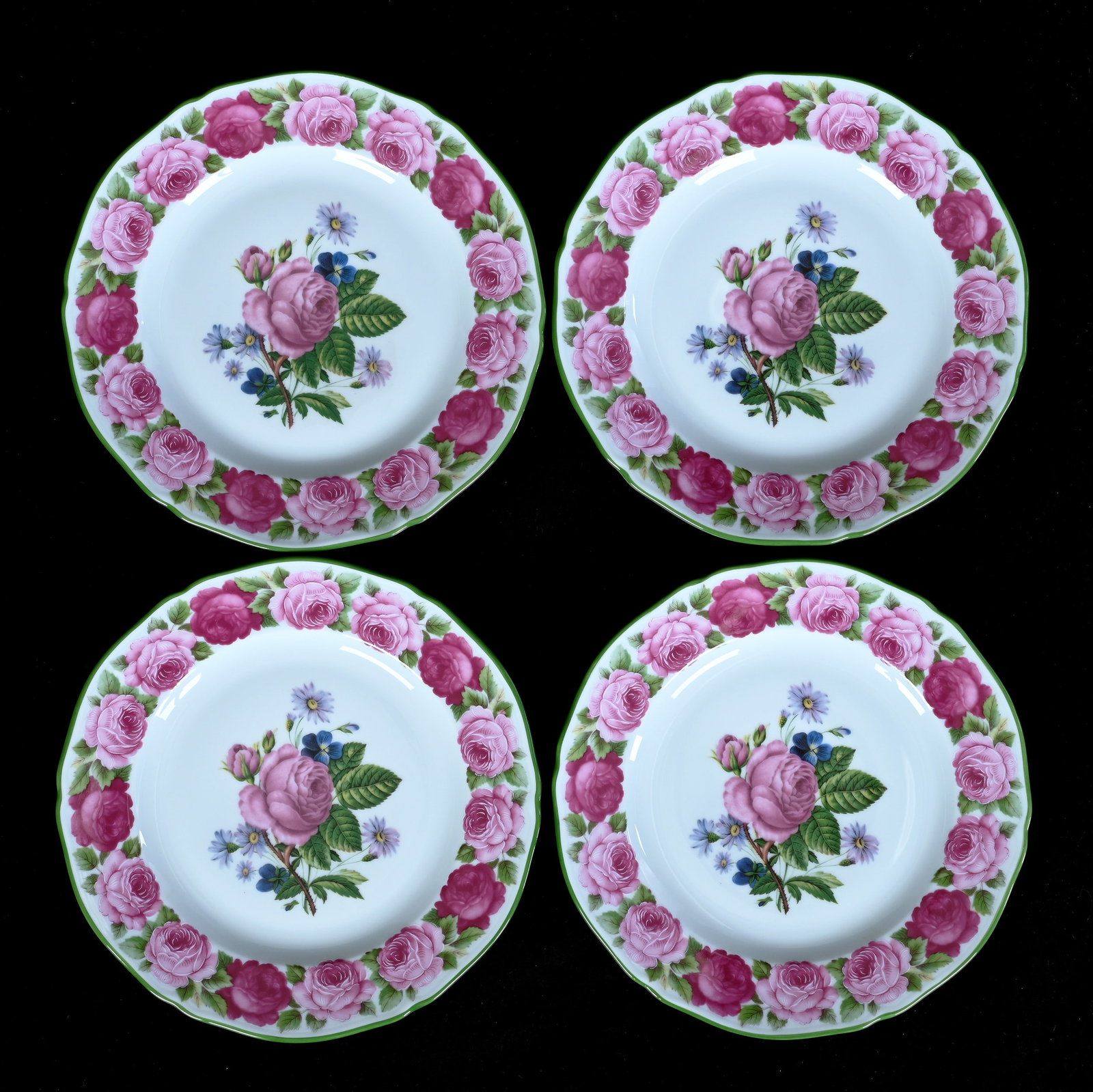 (4) Plates, Marked Limoges: (4) Plates, Marked Limoges, 7.75 x 7.75 x 1 Inches, Labeled Rochard, White With Pink Rose Decor, Green Trim Highlights, 2.2 Pounds, Private Collection, Michigan. Effective 6/6/26, All LiveAuctioneers 