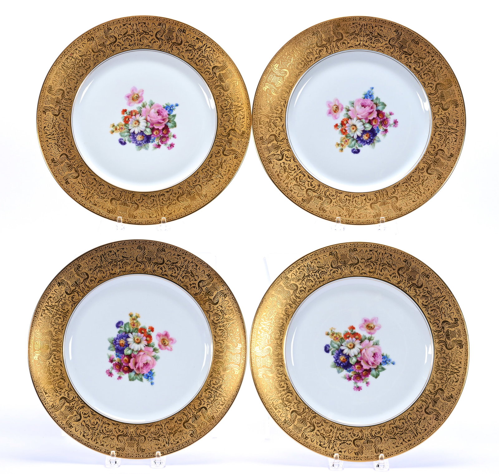 (4) Plates, Marked Selb Bavaria, Heinrich & Co.: (4) Plates, Marked Selb Bavaria, Heinrich & Co., 11 x 11 x 1 Inches, White Center With Colorful Floral Decor, Highly Brocaded Gold Border, Nice Matched Set, This Set Has A Slightly Different Border Fr