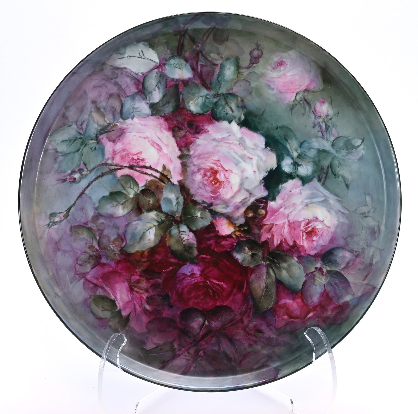 Round Serving Tray, Marked T&V Limoges: Round Serving Tray, Marked T&V Limoges, 15.75 x 15.75 x 0.75 Inches, Dark Green Ground With Pink And Red Rose Decor, No Artist Mark Visible, 3.8 Pounds, Private Collection, Michigan. Effective 6/6/26,