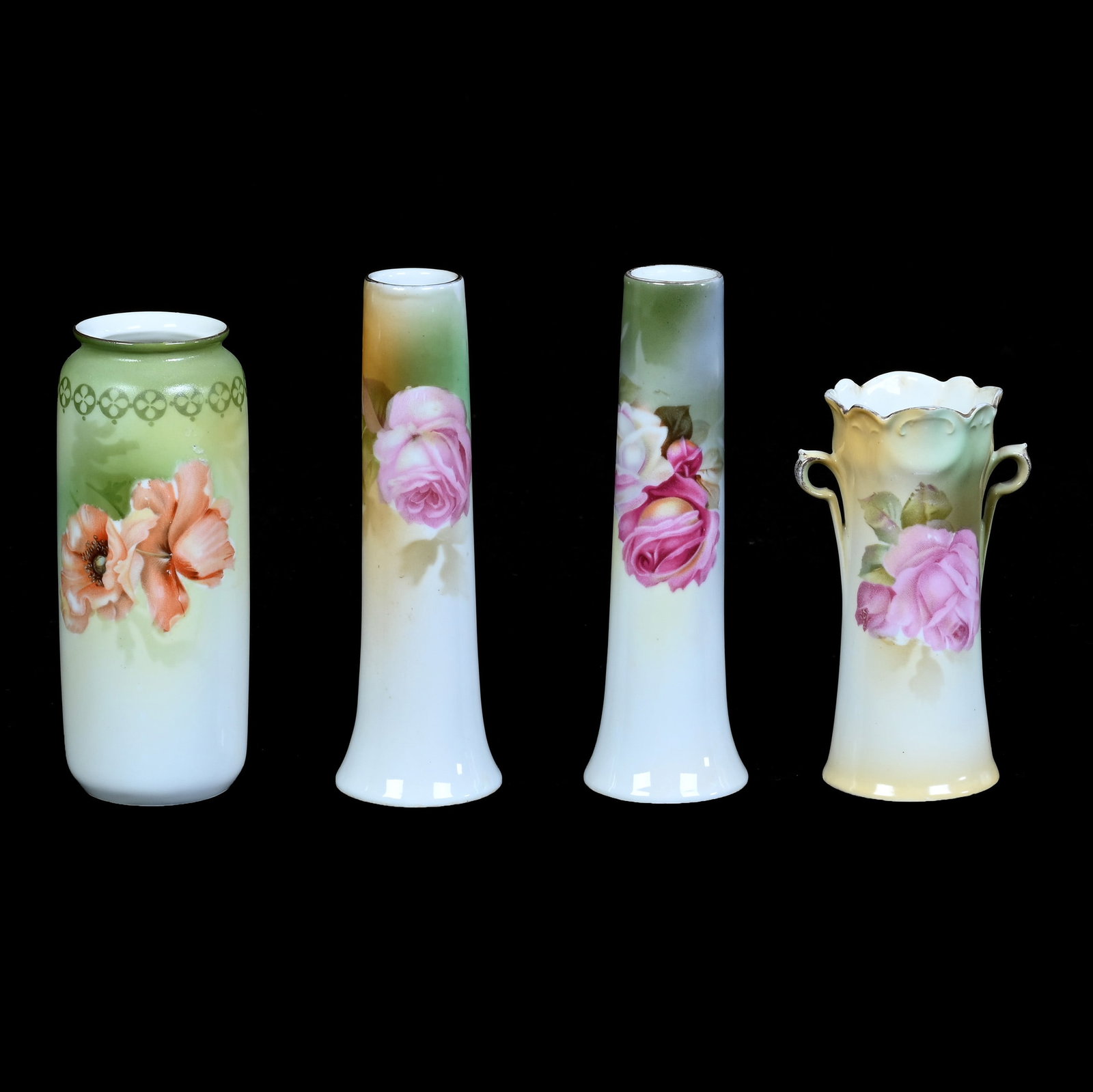 (4) Vases, Marked R.S. Germany: (4) Vases, Marked R.S. Germany, 6 x 2 x 2 Inches, Floral Decors, (2) Bud Vases, (1) 5.5" Vase, (1) 4.5" Two Handled Vase, 1 Pound, Private Collection, Michigan. Effective 6/6/26, All LiveAuctioneers I