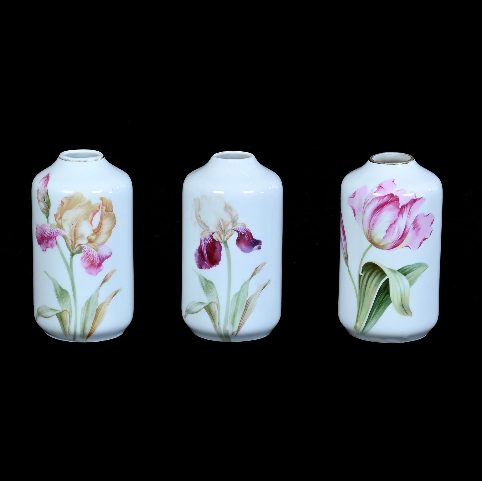 (3) Vases, Marked R.S. Germany: (3) Vases, Marked R.S. Germany, 4.5 x 2.5 x 2.5 Inches, White With Iris And Tulip Decor, 0.8 Pounds, Private Collection, Michigan. Effective 6/6/26, All LiveAuctioneers Invoices Must Be Paid Using The