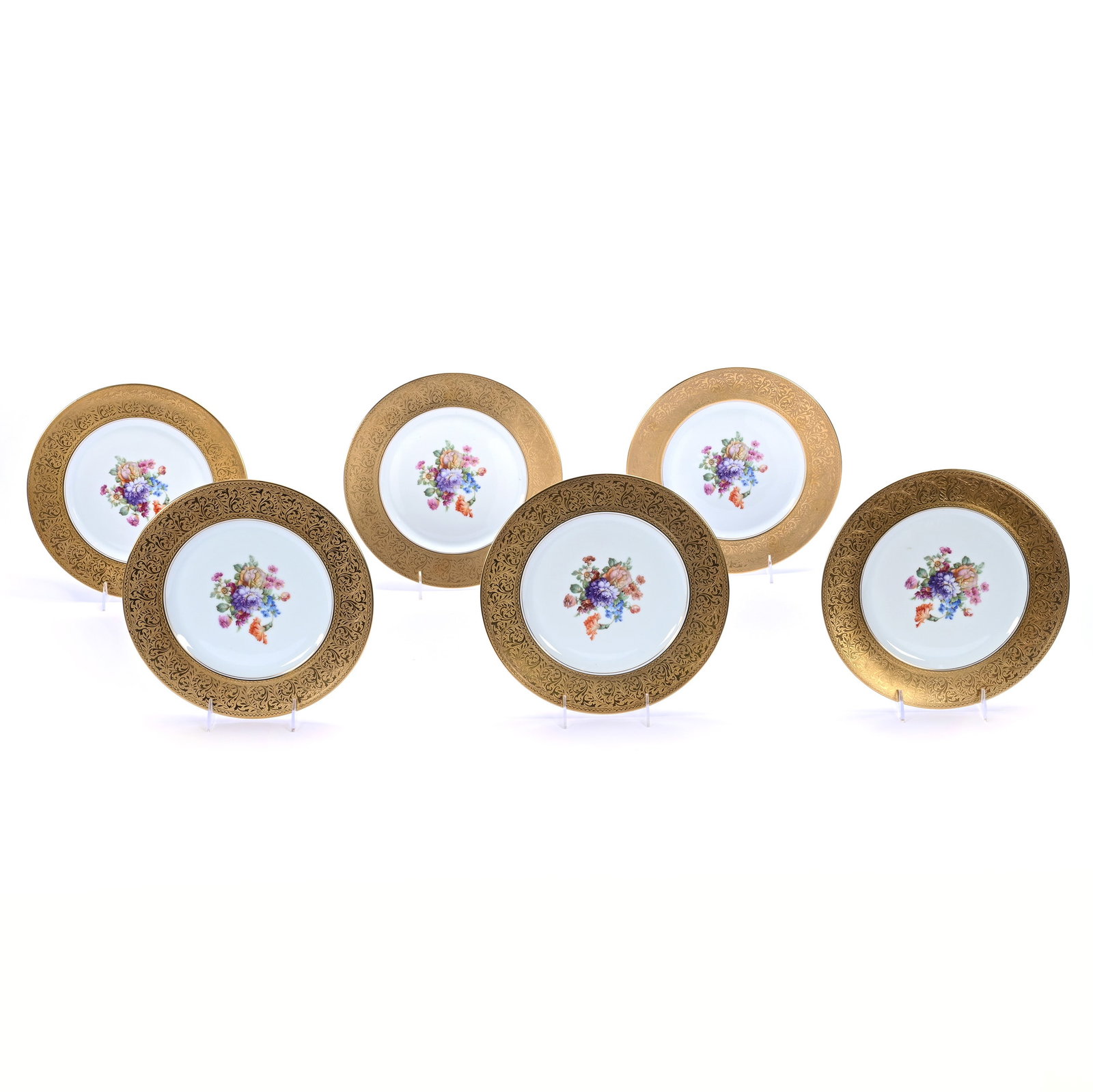 (6) Plates, Marked Selb Bavaria, Heinrich & Co.: (6) Plates, Marked Selb Bavaria, Heinrich & Co., 11 x 11 x 0.75 Inches, White Center With Colorful Floral Decor, Brocaded Gold Border, This Set Has A Slightly Different Border From Lot 509, 8.7 Pounds