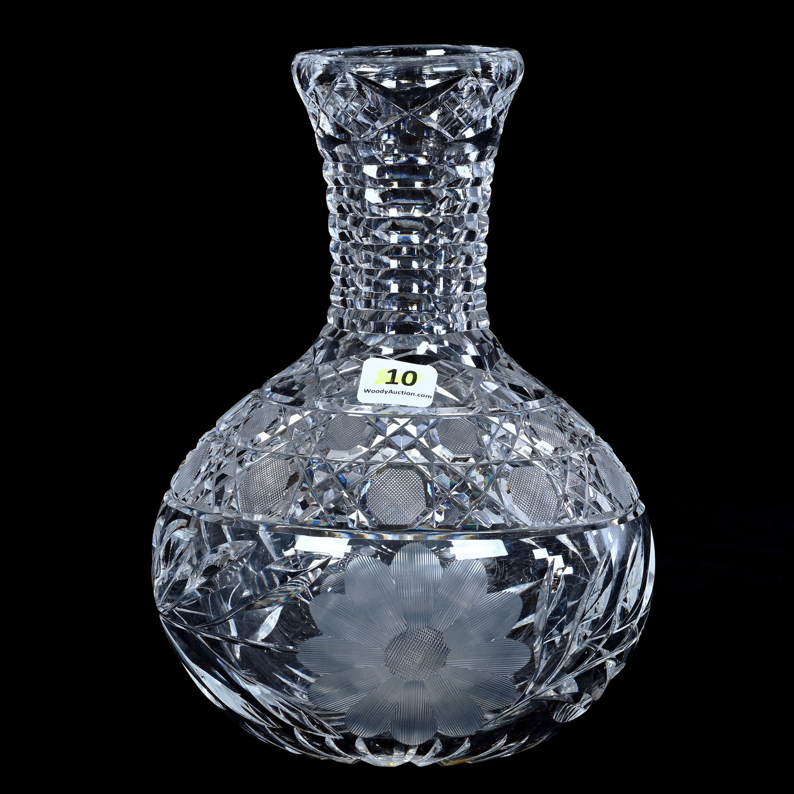 Water Carafe, American Brilliant Cut Glass, Harvard And Daisy Pattern: Water Carafe, American Brilliant Cut Glass, Harvard And Daisy Pattern, 8.25 x 6 x 6 Inches, Step Cut Neck, Ray Cut Base, 4.6 Pounds, Private Collection, New Jersey. Effective 6/6/26, All LiveAuctionee