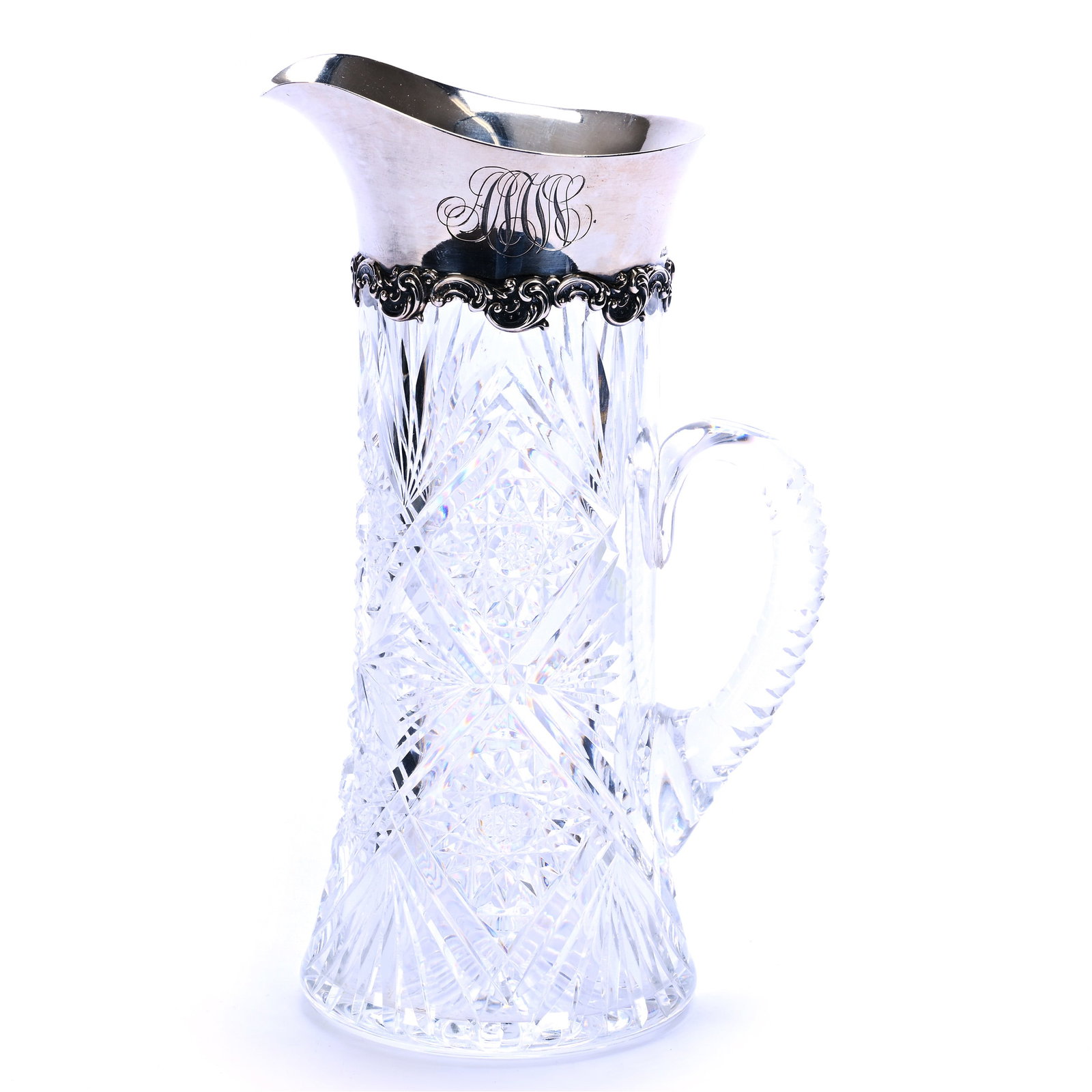 Small Tankard, American Brilliant Cut Glass, Gorham Sterling Collar: Small Tankard, American Brilliant Cut Glass, Gorham Sterling Collar, 8.25 x 5 x 3.5 Inches, Hobstar, Crossed Miter Bar, And Fan Motif, Ray Cut Base, Notched Handle, Sterling Marked Gorham #S3102, 1.8 