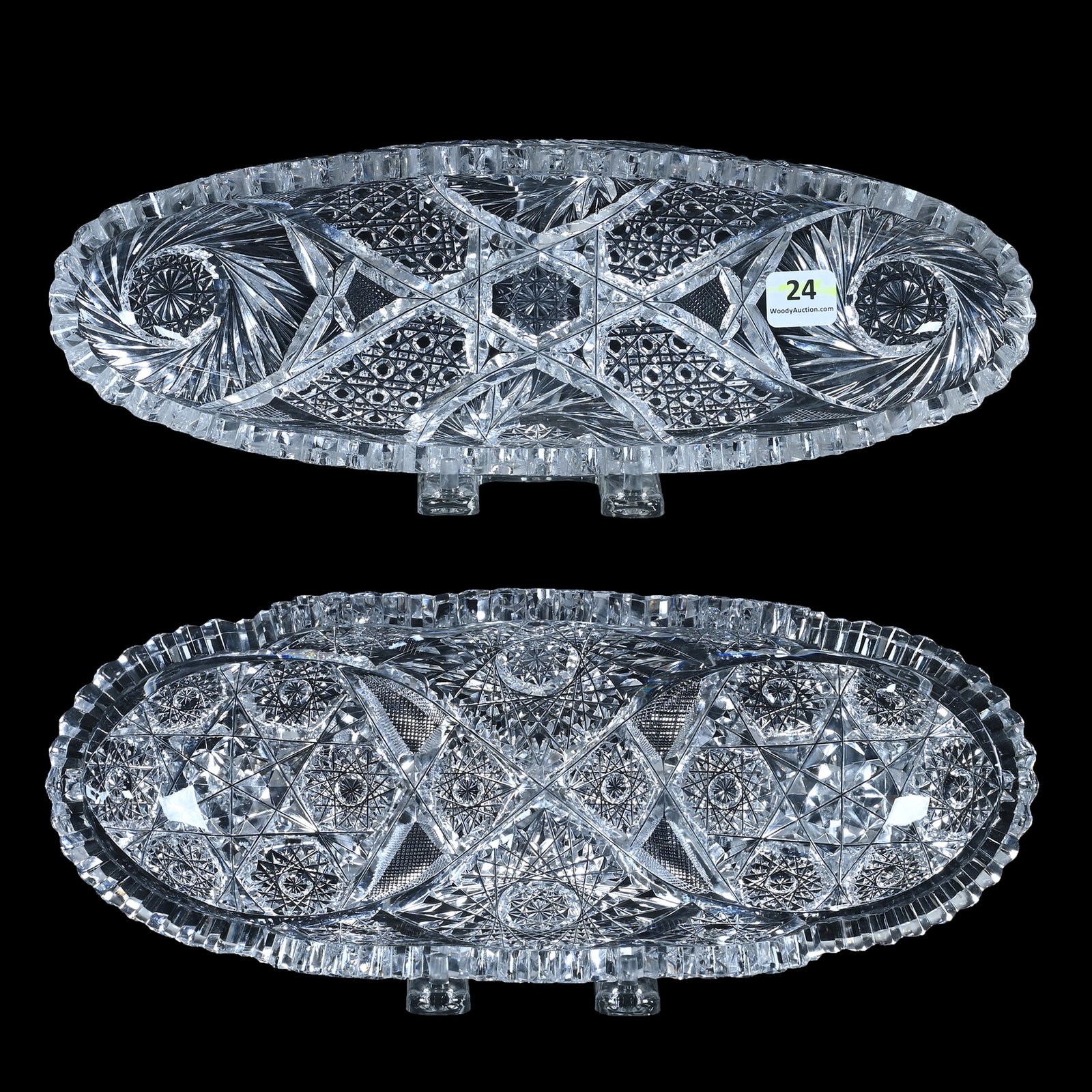 (2) Celery Trays, American Brilliant Cut Glass: (2) Celery Trays, American Brilliant Cut Glass, 12 x 4 x 2.5 Inches, (1) Celery Tray With Pinwheel, Cane, And Fan Motif, Has A Tooth Chip, (1) 11.75? x 4.5? x 2" Celery Tray With Hobstar And Hobstar C