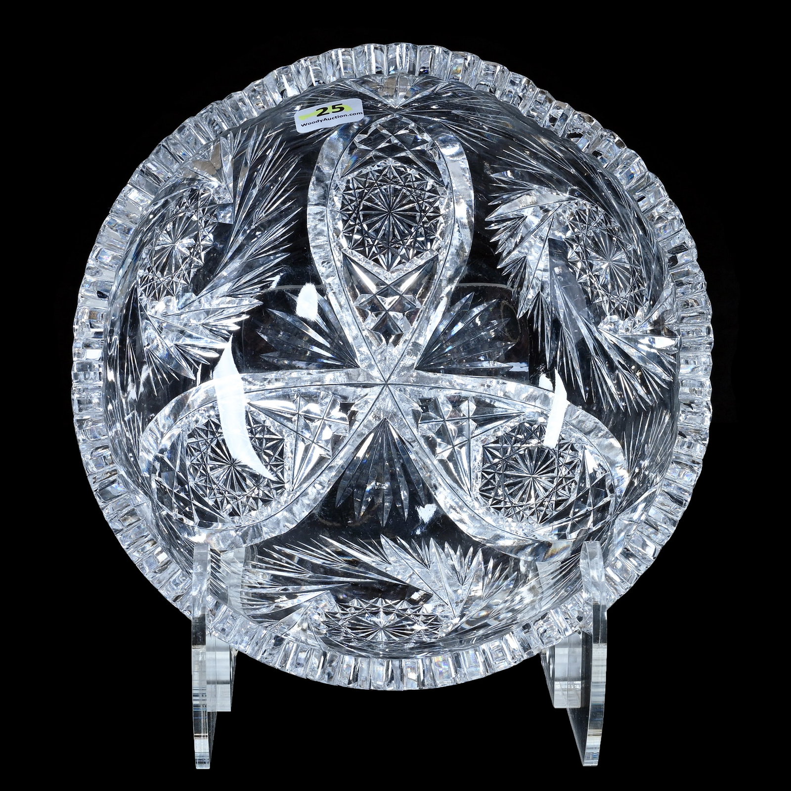 Bowl, American Brilliant Cut Glass: Bowl, American Brilliant Cut Glass, 8 x 8 x 3.75 Inches, Three Alternating Sections Of Pinwheel, Hobstar Vesica, And Fan Motif, Outside Rim Chip, 3.5 Pounds, Private Collection, New Jersey. Effective 