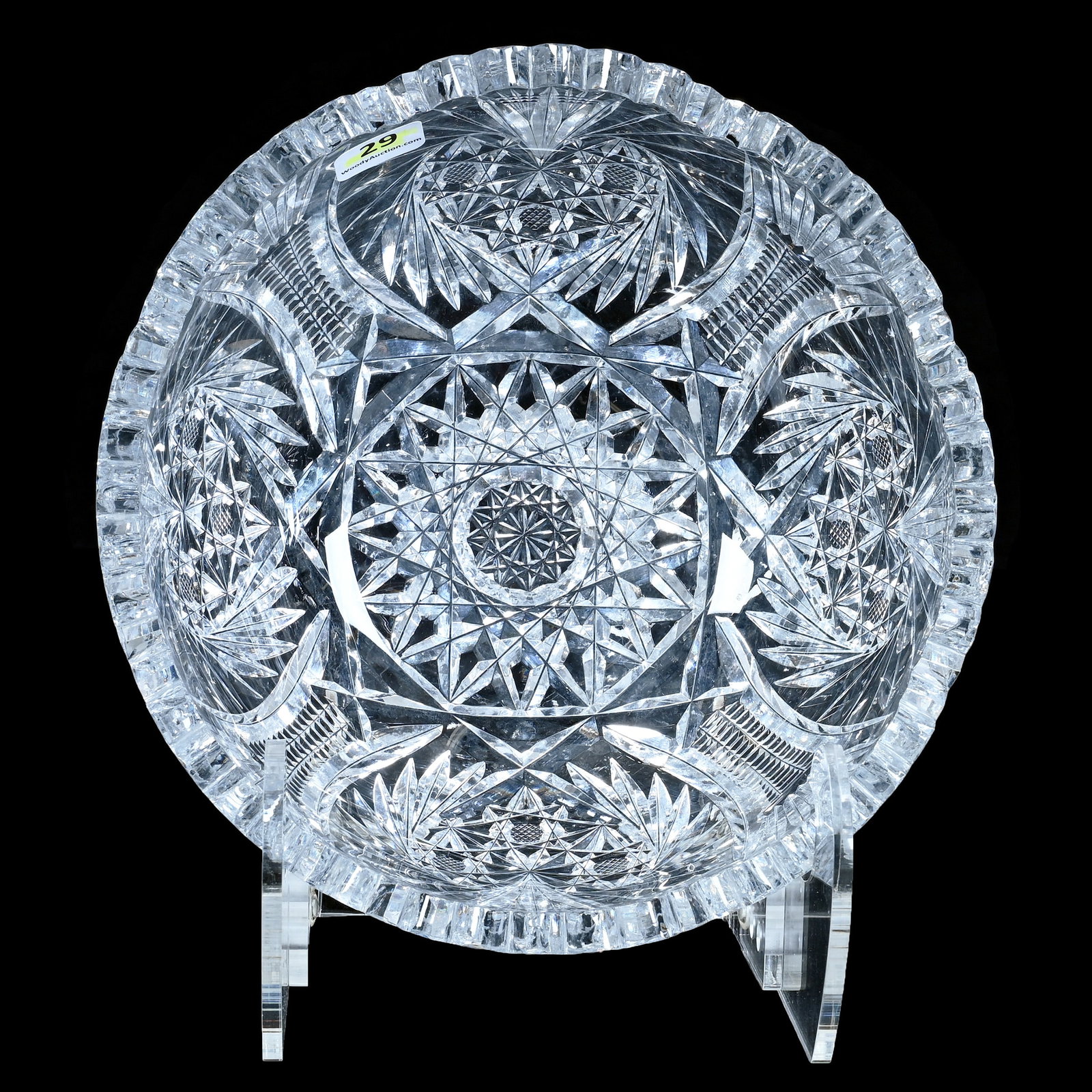 Bowl, American Brilliant Cut Glass: Bowl, American Brilliant Cut Glass, 8 x 8 x 3.75 Inches, Modified Heart Pattern, Hobstar Center, One Tooth Chip, 3.4 Pounds, Private Collection, New Jersey. Effective 6/6/26, All LiveAuctioneers Invoi