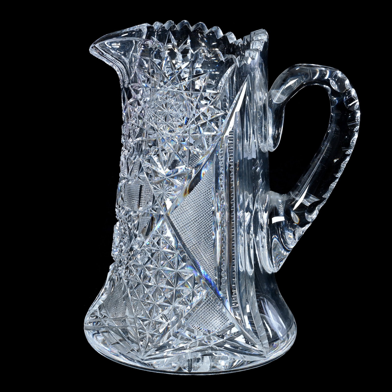 Pitcher, American Brilliant Cut Glass: Pitcher, American Brilliant Cut Glass, 9 x 7.5 x 6 Inches, Hobstar, Crosscutting, Prism, Quarter Diamond, And Star Motif, Double Notched Handle, Ray Cut Base, Rim Roughness, 5.9 Pounds, Private Collec