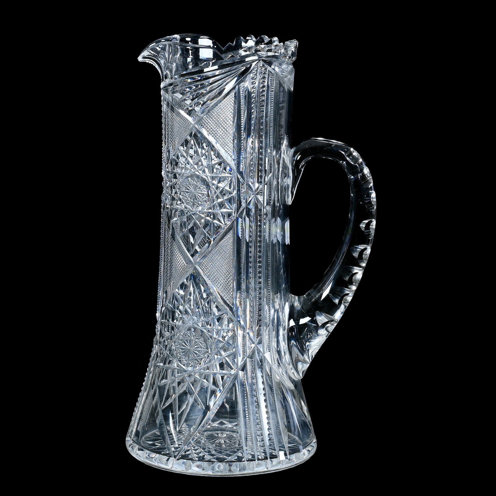 Tankard, American Brilliant Cut Glass: Tankard, American Brilliant Cut Glass, 12.5 x 7.25 x 5.75 Inches, Hobstar, Prism, Crosscutting, And Fan Motif, Double Notched Handle, Hobstar Base, 5.4 Pounds, Private Collection, New Jersey. Effectiv