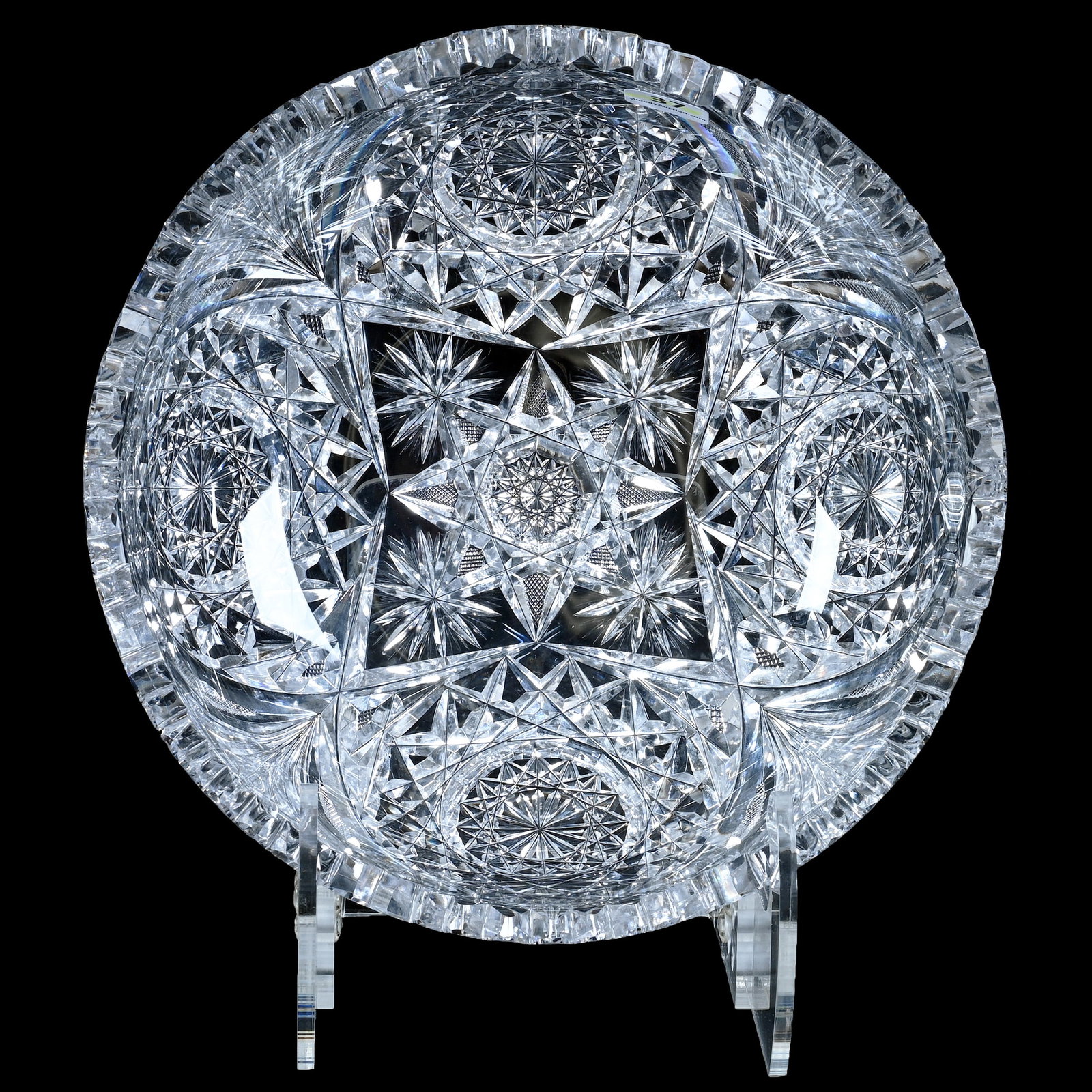 Bowl, American Brilliant Cut Glass, Libbey Blank Mark (Star And Circle): Bowl, American Brilliant Cut Glass, Libbey Blank Mark (Star And Circle), 9 x 9 x 3.75 Inches, Four Alternating Sections Of Hobstar, Vesica, Crosscutting, And Fan Motif, 4 Pounds, Private Collection, N