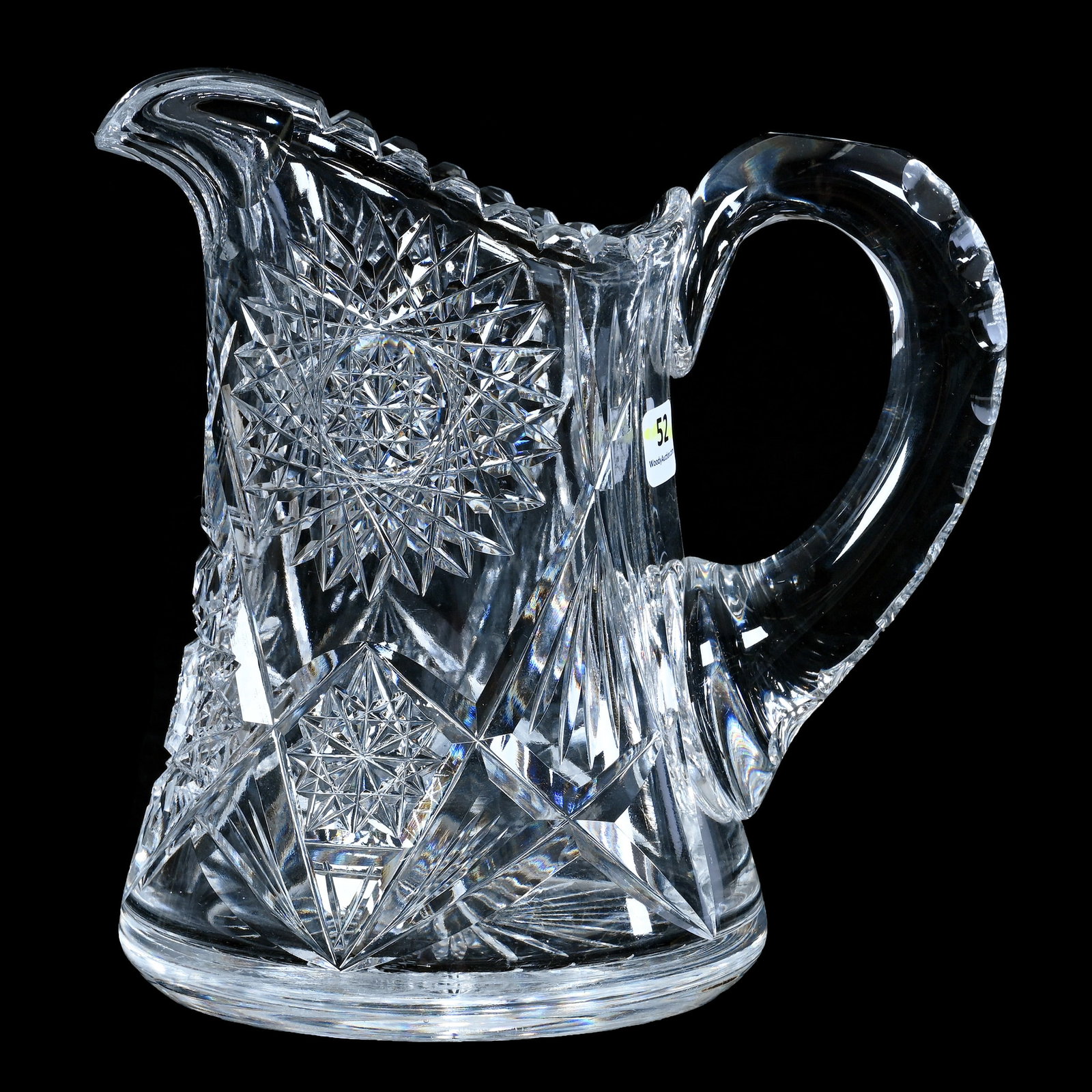 Pitcher, American Brilliant Cut Glass: Pitcher, American Brilliant Cut Glass, 8.5 x 8.25 x 5.75 Inches, Hobstar, Miter, And Fan Motif, Double Notched Handle, Ray Cut Base, 6.6 Pounds, Private Collection, New Jersey. Effective 6/6/26, All L