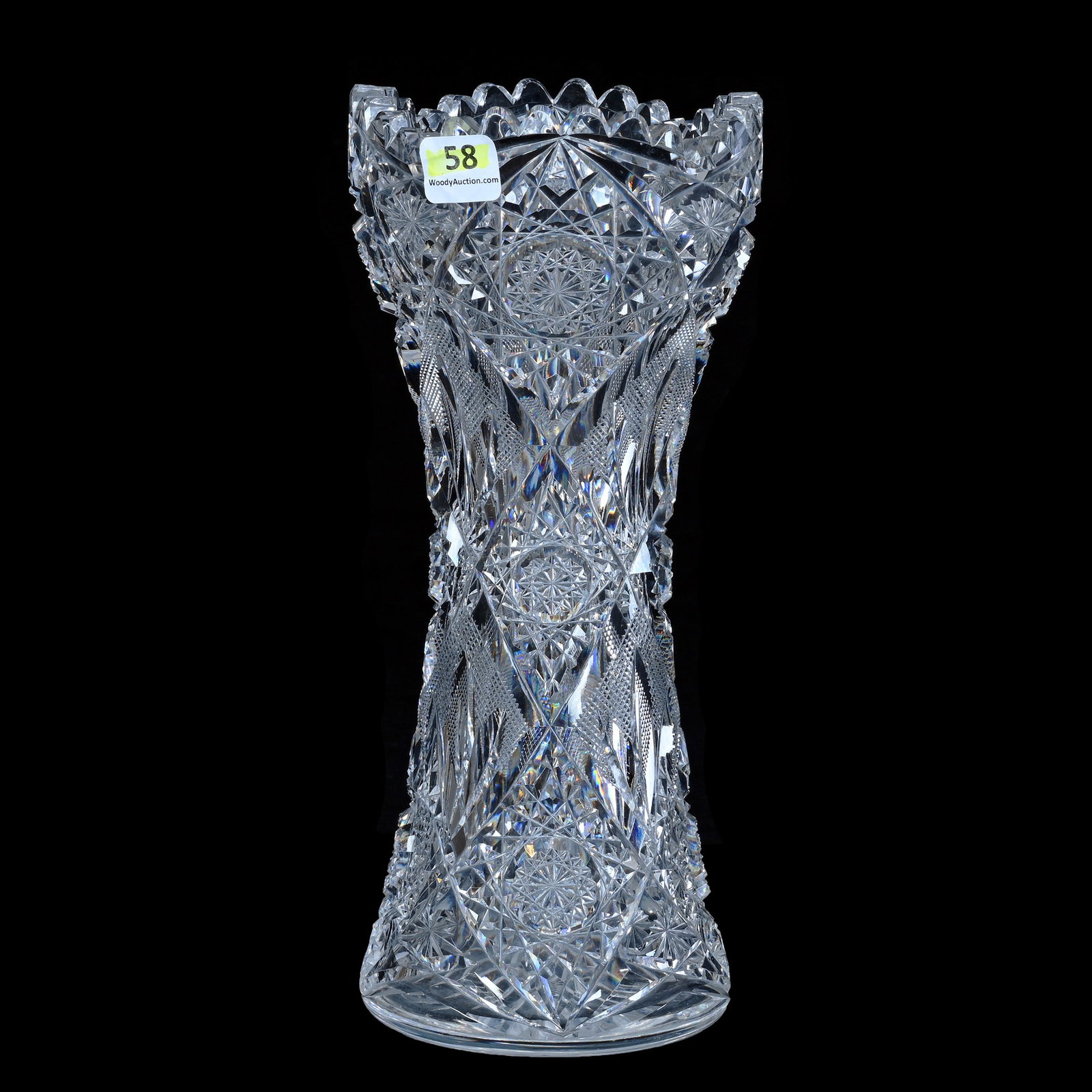 Vase, American Brilliant Cut Glass, Lotus Pattern By Egginton: Vase, American Brilliant Cut Glass, Lotus Pattern By Egginton, 10 x 4.25 x 4.25 Inches, Corset Shape, Ray Cut Base, Heavy Blank, 3.9 Pounds, Private Collection, New Jersey. Effective 6/6/26, All LiveA