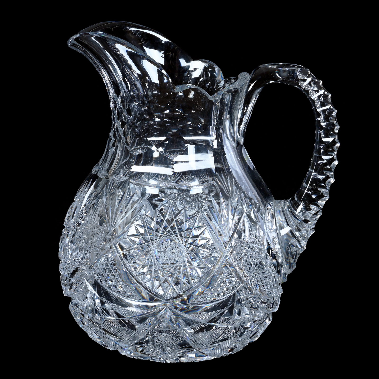 Water Pitcher, American Brilliant Cut Glass: Water Pitcher, American Brilliant Cut Glass, 9 x 7.75 x 6.75 Inches, Hobstar, Nailhead Diamond, Crosscutting, And Fan Motif, Triple Notched Handle, Hobstar Base, Pattern Chip, 6 Pounds, Private Collec
