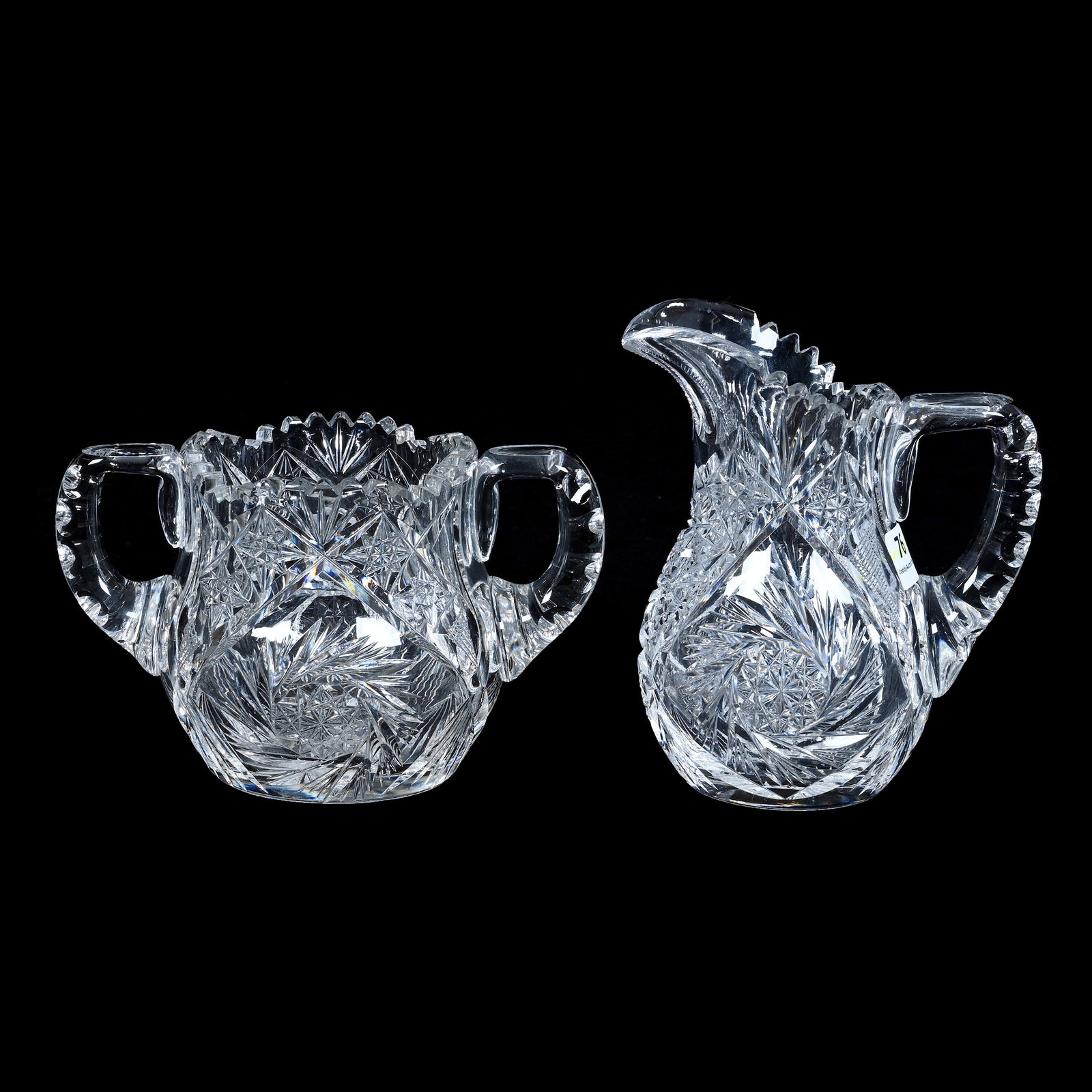 Creamer And Sugar, American Brilliant Cut Glass: Creamer And Sugar, American Brilliant Cut Glass, 5.5 x 6.25 x 4.25 Inches, Pinwheel, Hobstar, Crosscutting, And Fan Motif, Ray Cut Base, Creamer Has A Tooth Polish, 3.4 Pounds, Private Collection, New