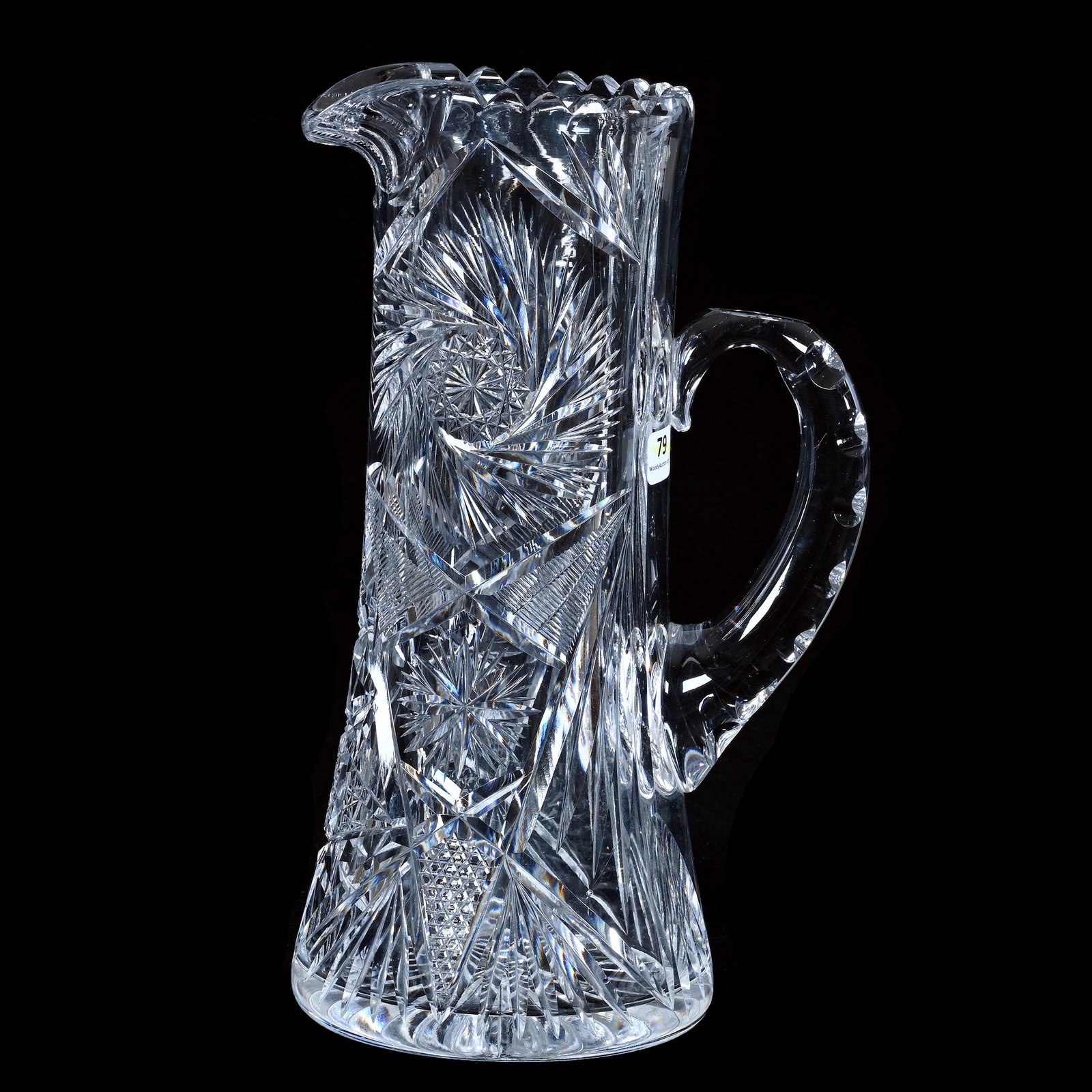 Tankard, American Brilliant Cut Glass: Tankard, American Brilliant Cut Glass, 12.5 x 7.5 x 5.5 Inches, Pinwheel, Hobstar, Nailhead Diamond, Star, And Fan Motif, Has A Sizable Base Chip, 9 Pounds, Private Collection, New Jersey. Effective 6
