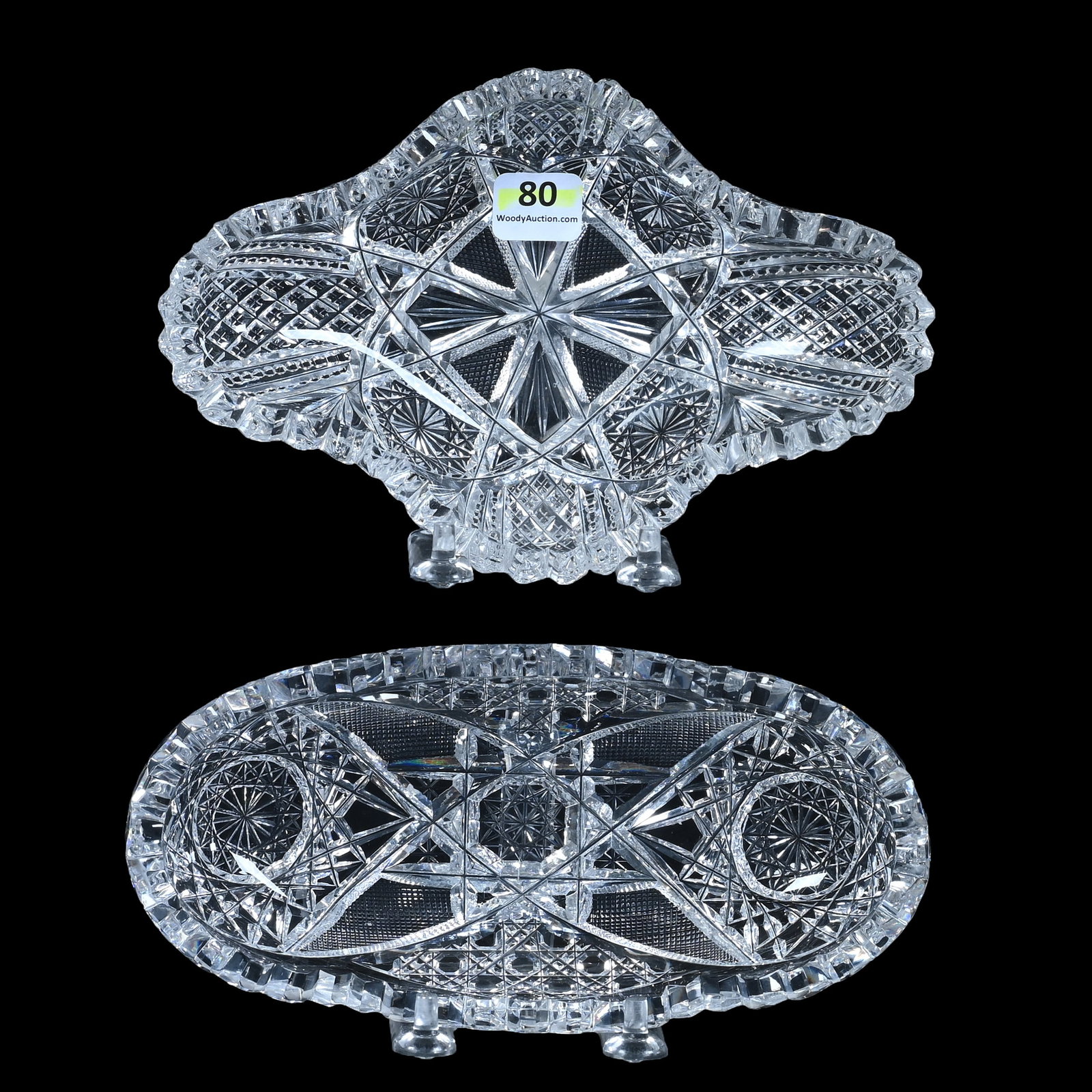 (2) Relish Dishes, American Brilliant Cut Glass: (2) Relish Dishes, American Brilliant Cut Glass, 7.5 x 5 x 1.5 Inches, (1) Relish Dish With Hobstar, Quarter Diamond, Prism, Crosscutting, And Fan Motif, Has Two Tooth Chips, (1) 7.5? x 3.5? x 1.5" Re