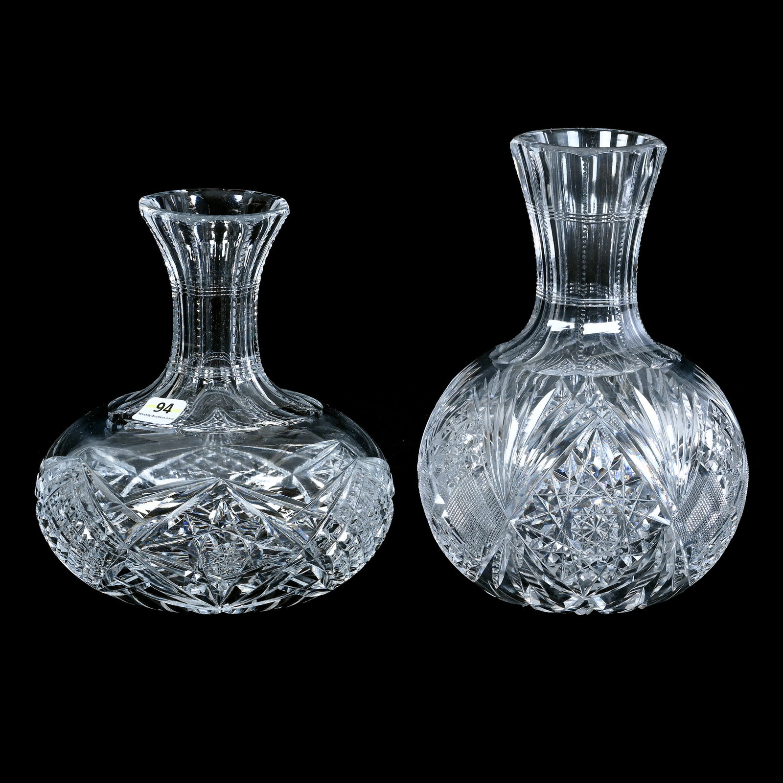 (2) Water Carafe, American Brilliant Cut Glass: (2) Water Carafe, American Brilliant Cut Glass, 8.25 x 6 x 6 Inches, (1) Hobstar, Star Diamond, Crosscutting, And Fan Motif, Hobstar Base, Has Pattern Chips, (1) 7.25? x 6.25? x 6.25" Water Carafe Wit