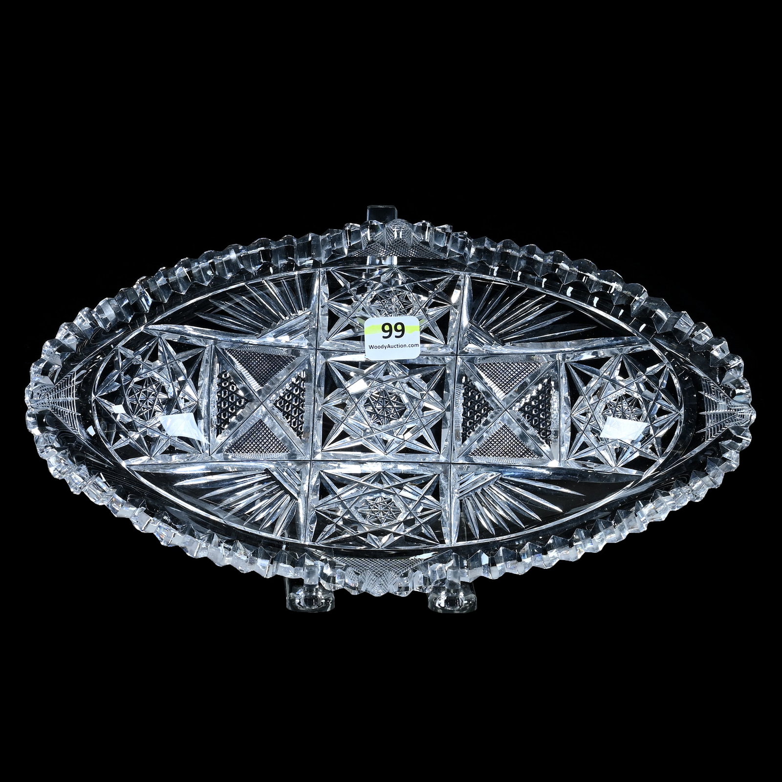 Celery Tray, American Brilliant Cut Glass: Celery Tray, American Brilliant Cut Glass, 11.25 x 6 x 2 Inches, Square Hobstar, Nailhead Diamond, Crosscutting, And Fan Motif, Has One Tooth Touchup, 2.5 Pounds, Private Collection, New Jersey. Effec