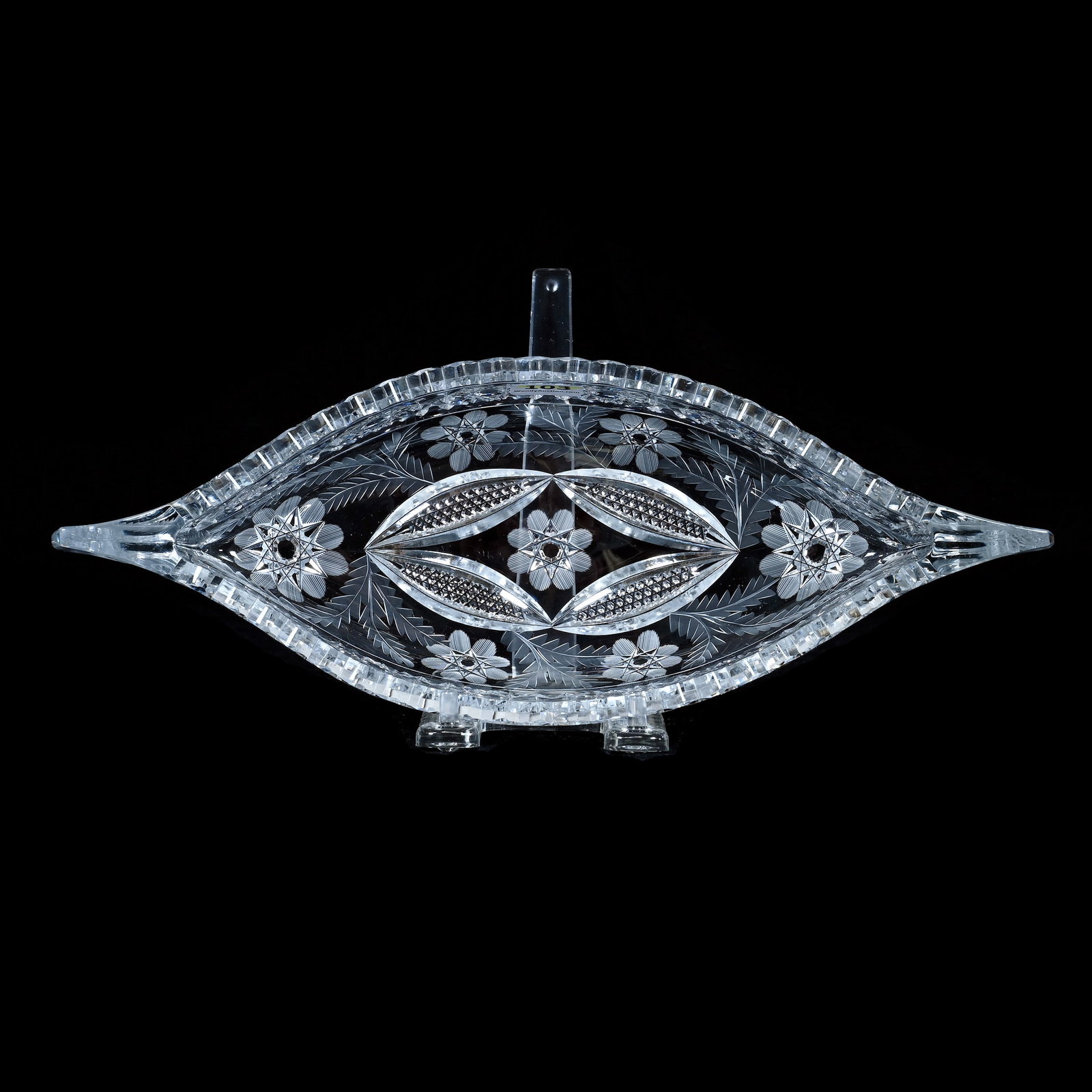 Canoe Shaped Celery Tray, American Brilliant Cut Glass, Pershing Pattern By Fry: Canoe Shaped Celery Tray, American Brilliant Cut Glass, Pershing Pattern By Fry, 11.75 x 4.5 x 3 Inches, Has A Point Chip, 2.1 Pounds, Private Collection, North Carolina. Effective 6/6/26, All LiveAuc