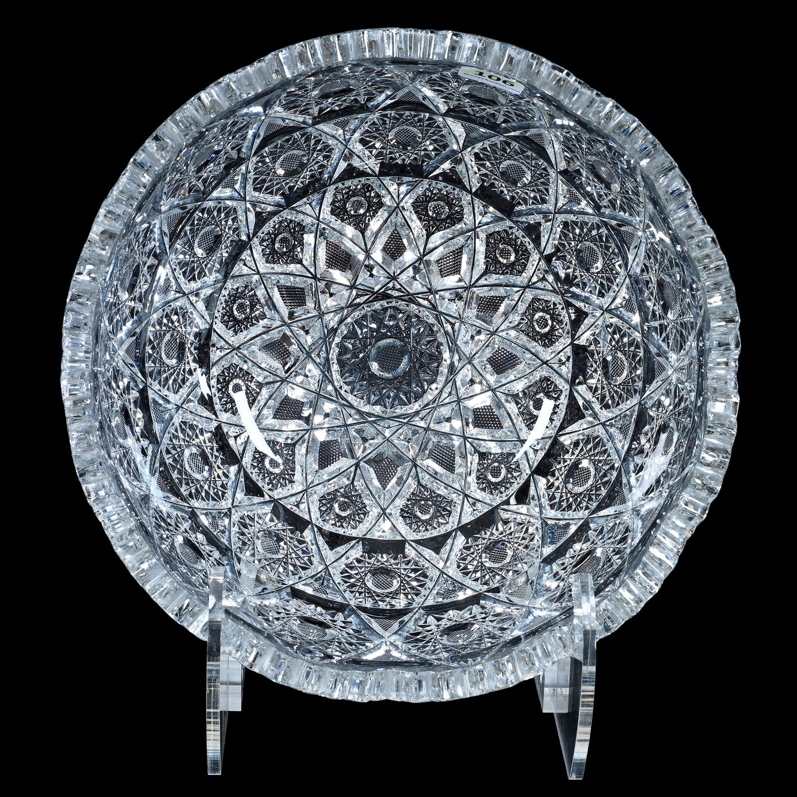 Bowl, American Brilliant Cut Glass: Bowl, American Brilliant Cut Glass, 9 x 9 x 4 Inches, Hobstar Center With Three Rows Of Hobstars With Crosscutting And Vesica Highlights, Two Tooth Chips, 4.6 Pounds, Private Collection, North Carolin