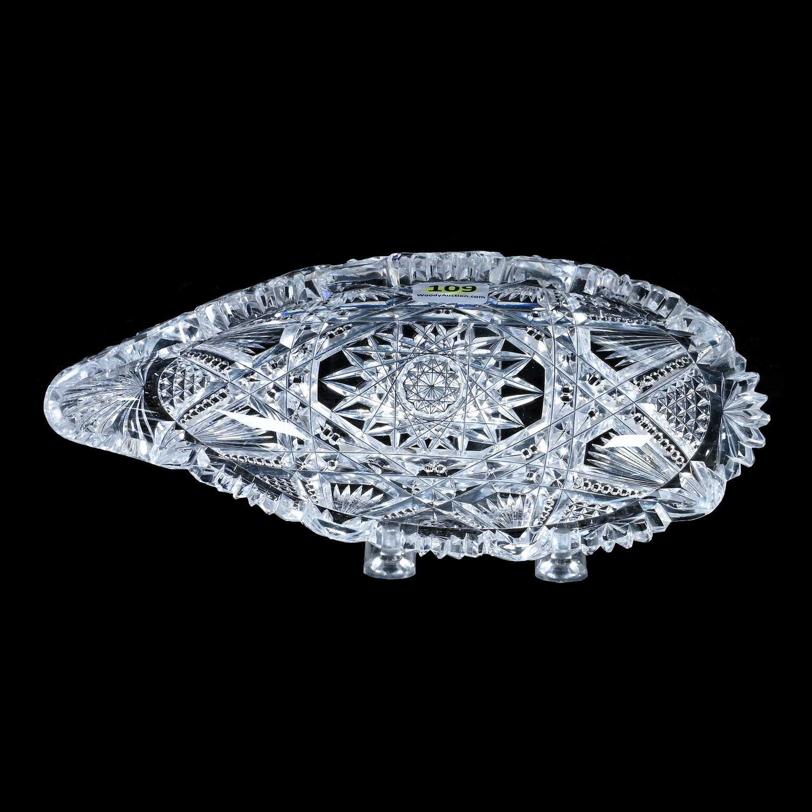 Leaf Shaped Relish, American Brilliant Cut Glass, Richmond Pattern By Bergen: Leaf Shaped Relish, American Brilliant Cut Glass, Richmond Pattern By Bergen, 8.25 x 3.5 x 2.5 Inches, Deeply Cut Hobstar, Prism, Diamond, And Fan Motif, Clear Blank, Small Rim Nick, 1.2 Pounds, Priva