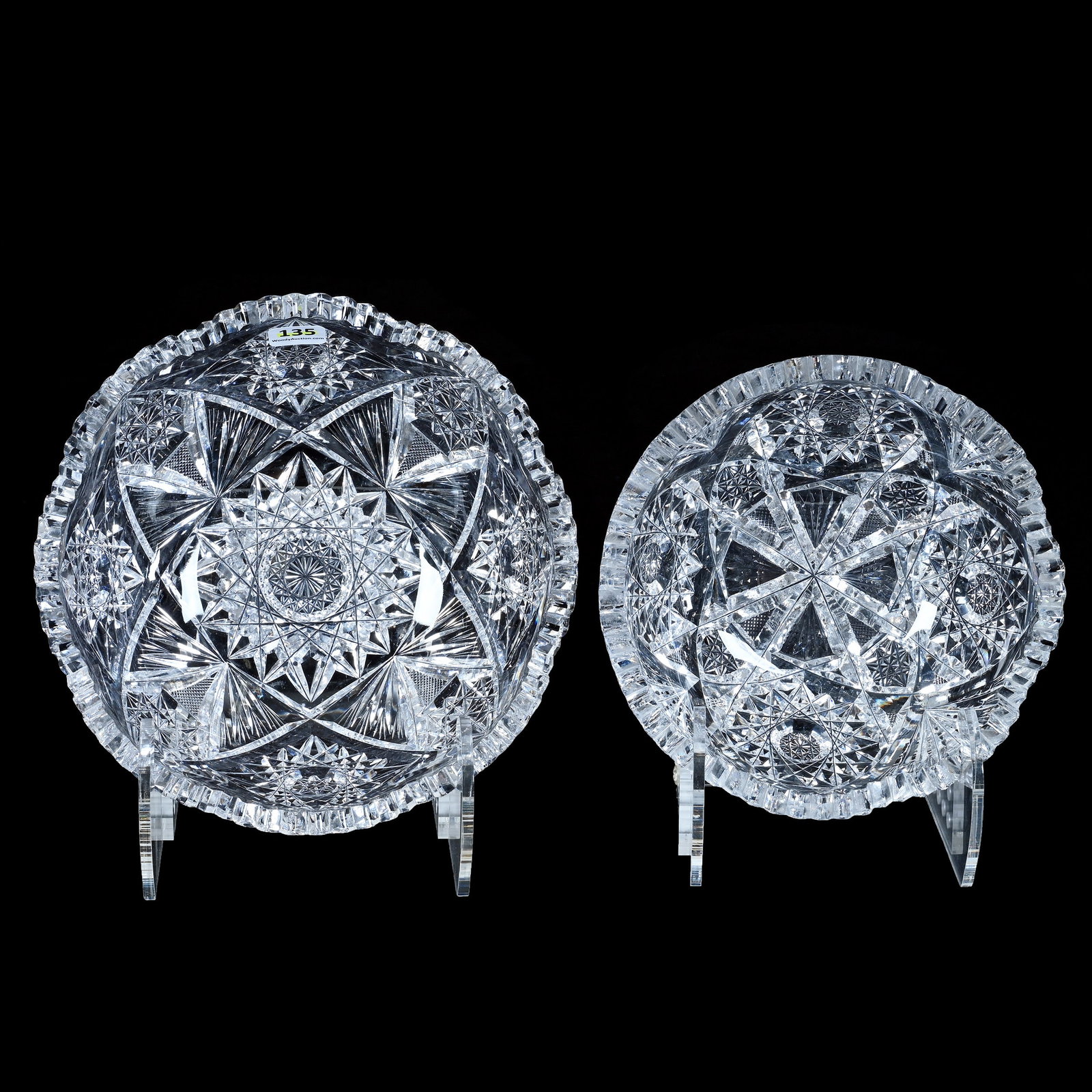 (2) Bowls, American Brilliant Cut Glass: (2) Bowls, American Brilliant Cut Glass, 8.25 x 8.25 x 3.25 Inches, (1) Hobstar, Vesica, Crosscutting, And Fan Motif, Tooth Chip And (1) 7? x 7? x 2.75", Hobstar, Crosscutting, And Notched Fan Motif, 