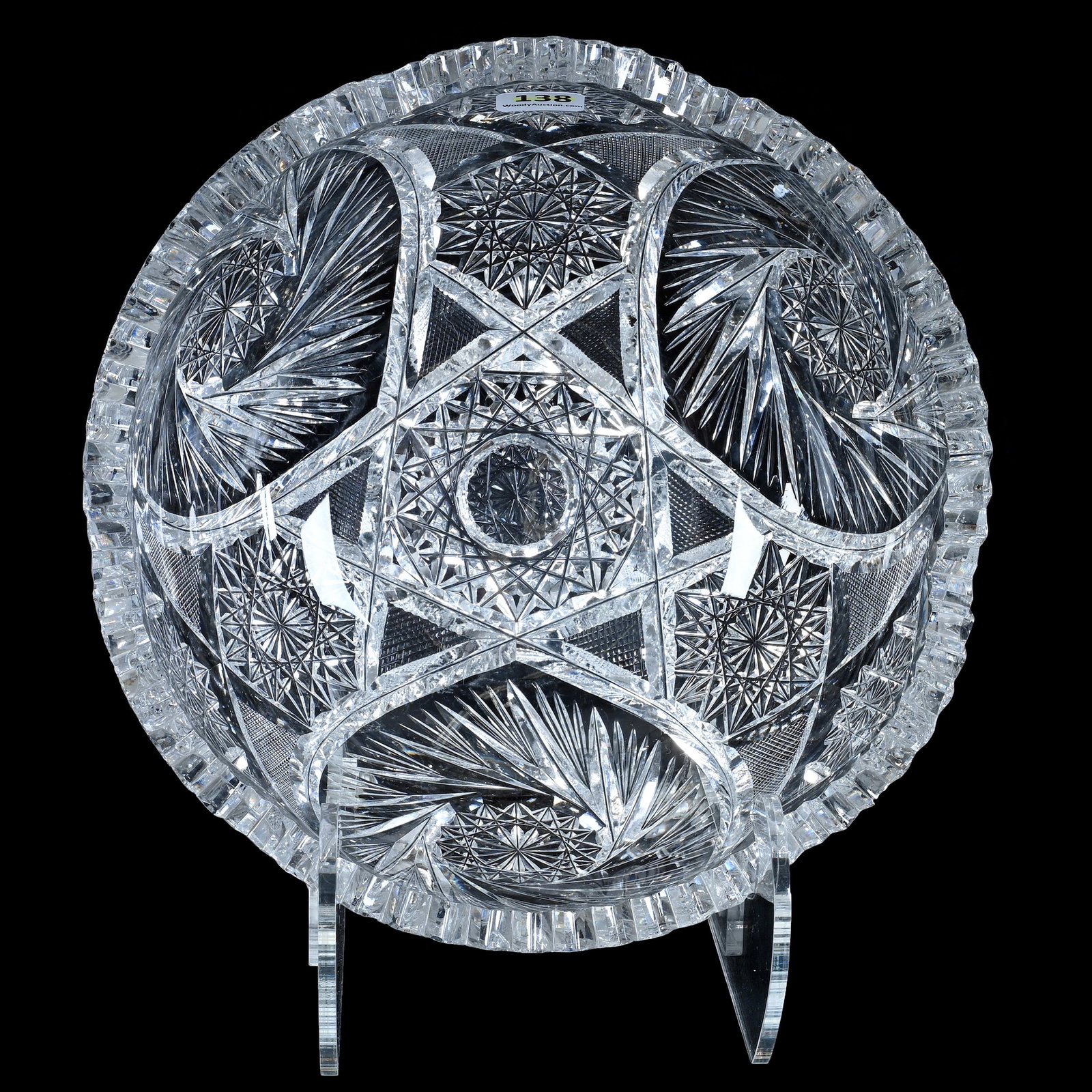 Bowl, American Brilliant Cut Glass: Bowl, American Brilliant Cut Glass, 9 x 9 x 4 Inches, Three Alternating Sections Of Pinwheel, Crosscutting, And Hobstar Motif, Tooth Chip, 4.7 Pounds, Private Collection, New Jersey. Effective 6/6/26,