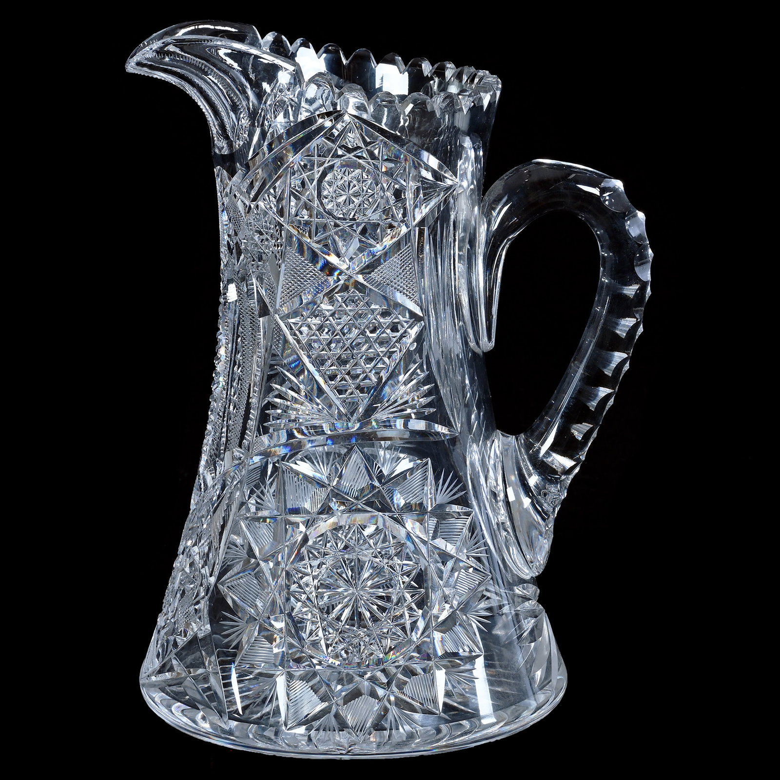 Water Pitcher, American Brilliant Cut Glass: Water Pitcher, American Brilliant Cut Glass, 10.25 x 7.75 x 6.25 Inches, Hobstar, Crosscutting, Nailhead Diamond, Vesica, Flashed Hobstar, And Fan Motif, Triple Notched Handled, Ray Cut Base, 6.1 Poun