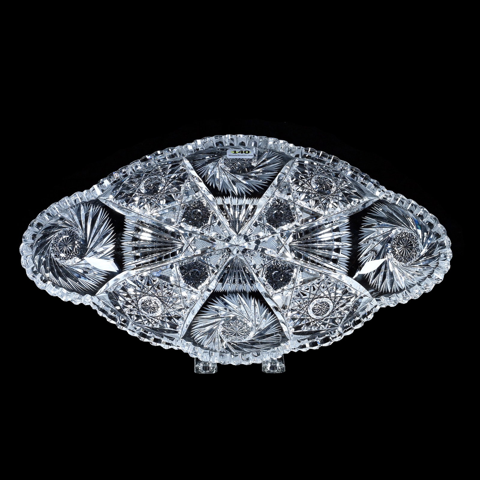 Ice Cream Tray, American Brilliant Cut Glass: Ice Cream Tray, American Brilliant Cut Glass, 14 x 7.5 x 2.5 Inches, Four Alternating Sections Of Pinwheel, Hobstar, Crosscutting, And Notched Fan Motif, One Tooth Chip, 3.4 Pounds, Private Collection