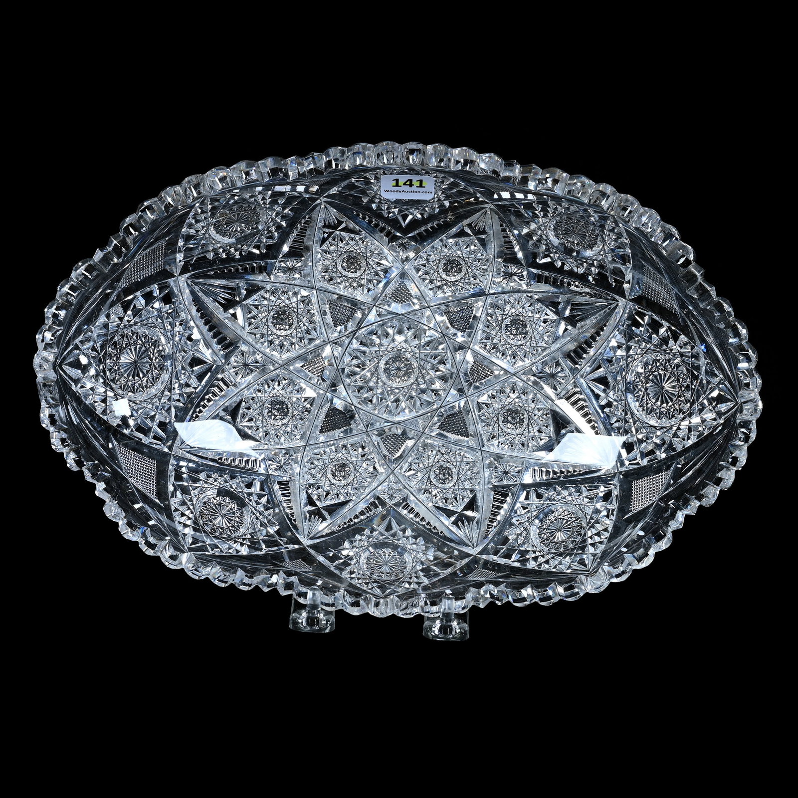 Oval Tray, American Brilliant Cut Glass: Oval Tray, American Brilliant Cut Glass, 12 x 8 x 2.5 Inches, Hobstar, Vesica, Crosscutting, Zipper, And Miter Motif, Tooth Chip And Tooth Roughness, 3.2 Pounds, Private Collection, New Jersey. Effect
