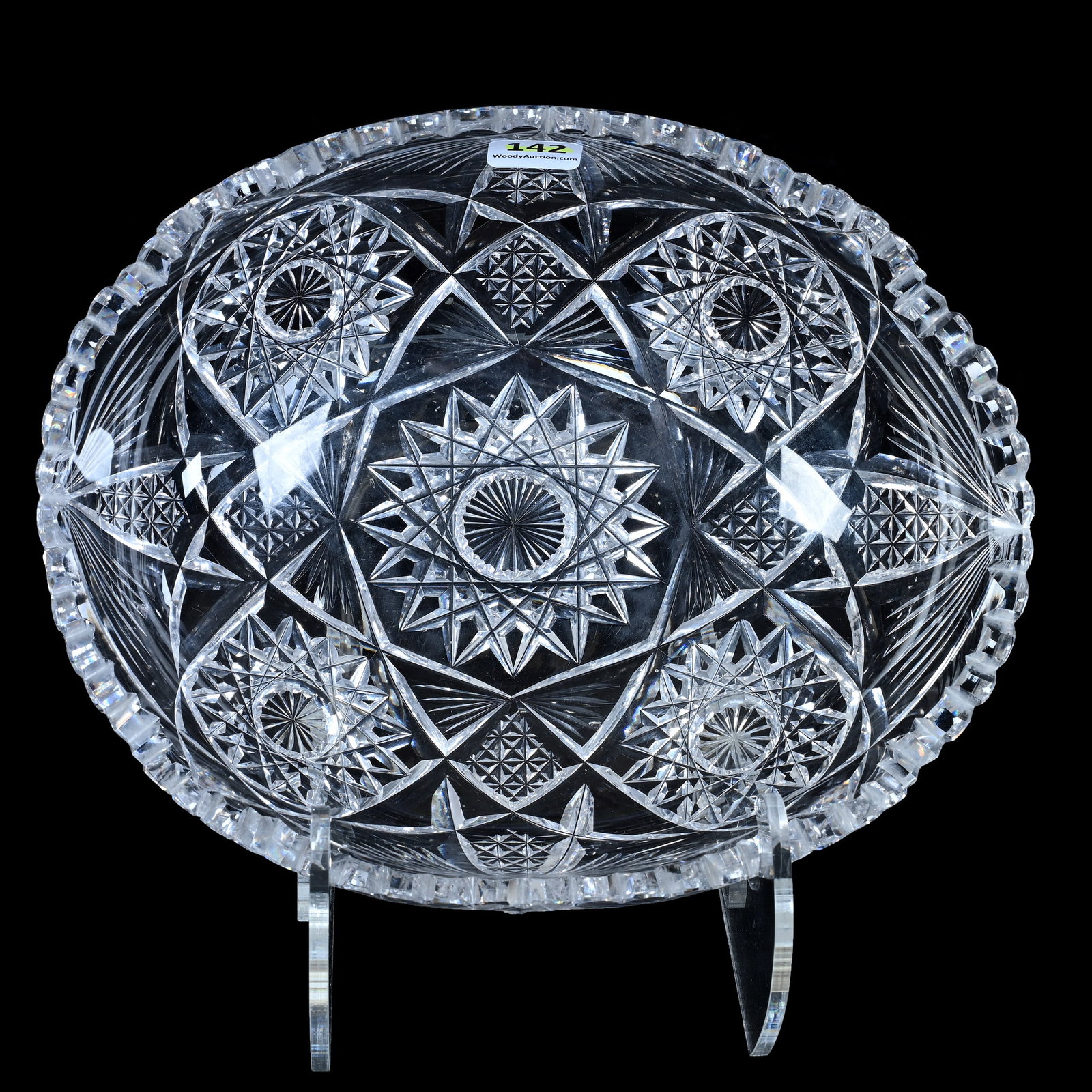Oval Bowl, American Brilliant Cut Glass: Oval Bowl, American Brilliant Cut Glass, 9.25 x 7.5 x 3 Inches, Four Alternating Sections Of Hobstar, Diamond, And Fan Motif, 3.6 Pounds, Private Collection, New Jersey. Effective 6/6/26, All LiveAuct