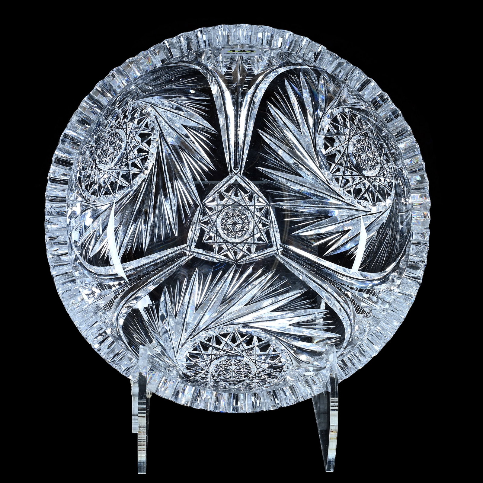 Bowl, American Brilliant Cut Glass: Bowl, American Brilliant Cut Glass, 8.25 x 8.25 x 3.5 Inches, Three Alternating Sections Of Pinwheel And Prism Motif, Hobstar Center, Rim Bruise, 4.5 Pounds, Private Collection, New Jersey. Effective 