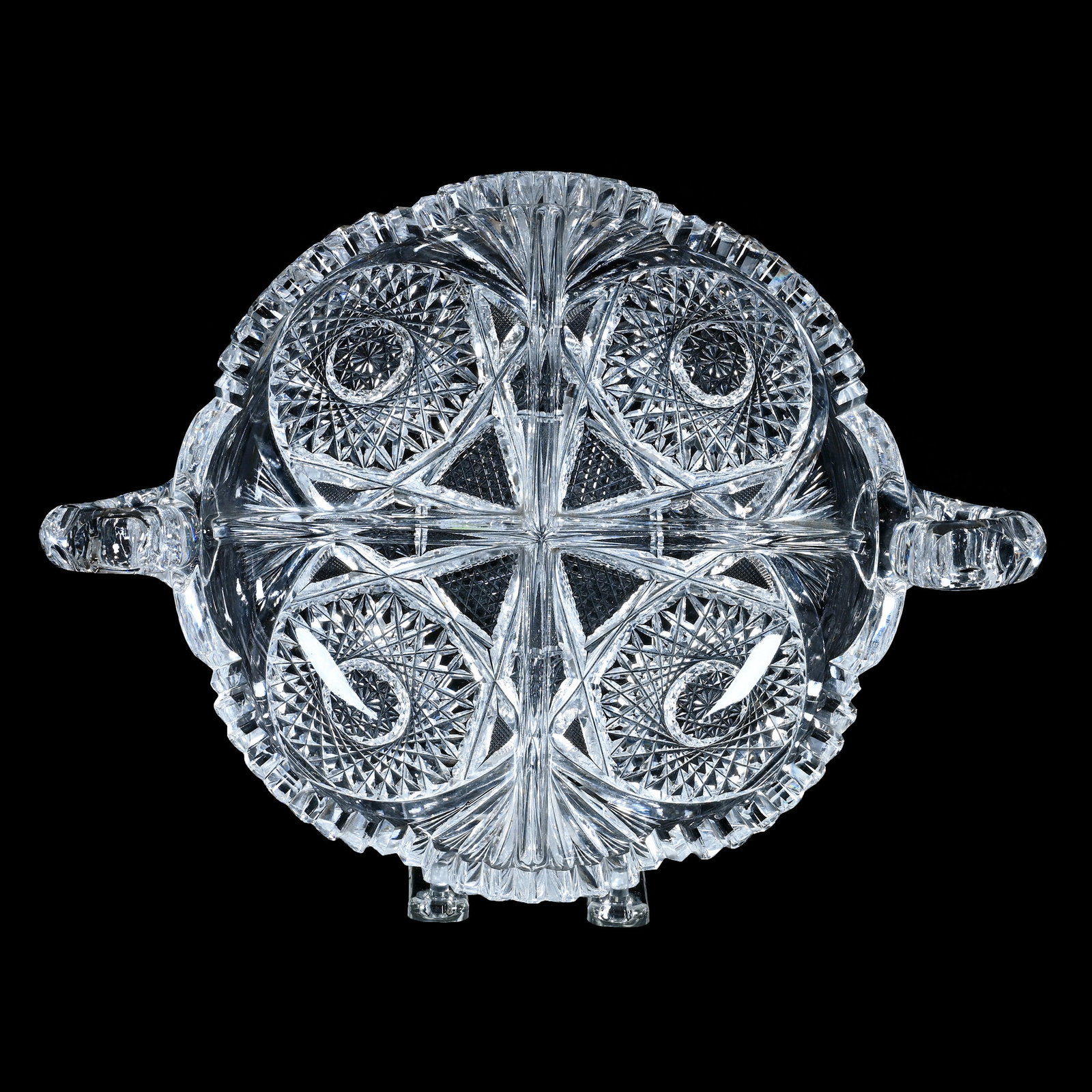 Two Handled, Four Division Bowl, American Brilliant Cut Glass: Two Handled, Four Division Bowl, American Brilliant Cut Glass, 12.25 x 9 x 3.25 Inches, Hobstar, Nailhead Diamond, And Fan Motif, 3.8 Pounds, Private Collection, New Jersey. Effective 6/6/26, All Live