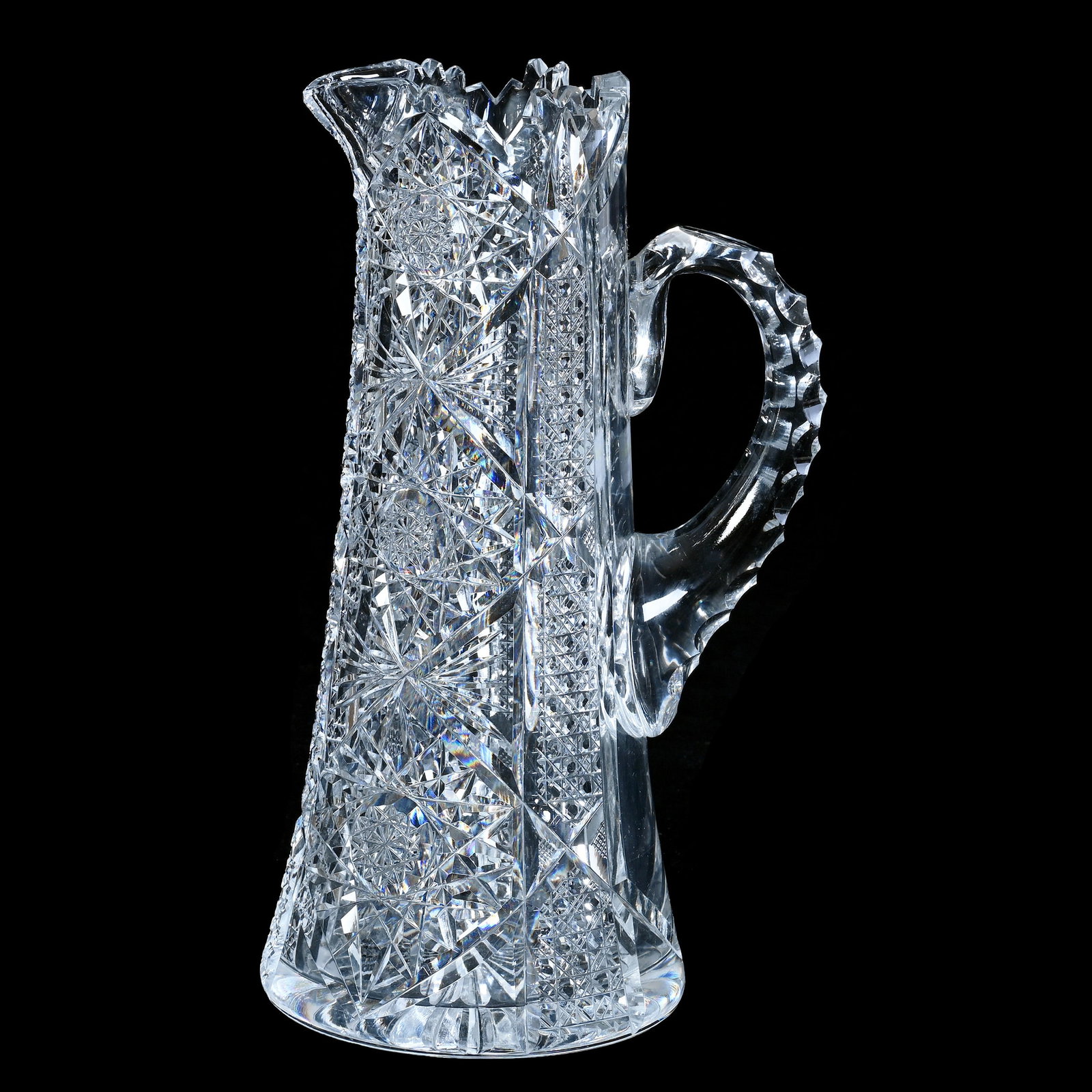 Tankard, American Brilliant Cut Glass: Tankard, American Brilliant Cut Glass, 11.25 x 6.25 x 5 Inches, Hobstar, Cane, And Fan Motif, Triple Notched Handle, Ray Cut Base, 5.2 Pounds, Private Collection, New Jersey. Effective 6/6/26, All Liv