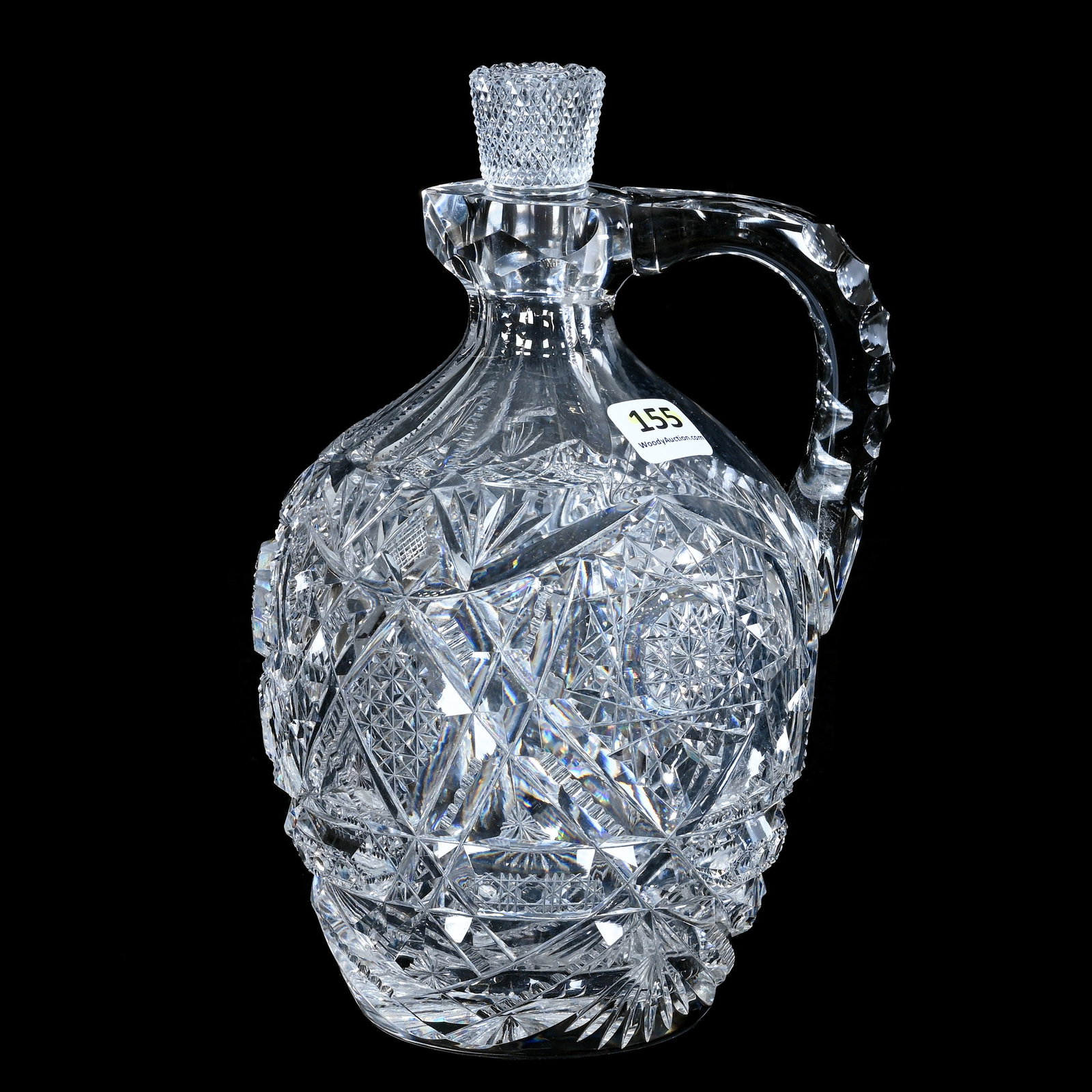 Rum Jug, American Brilliant Cut Glass, Signed Libbey, Somerset Pattern: Rum Jug, American Brilliant Cut Glass, Signed Libbey, Somerset Pattern, 8.25 x 5 x 4.75 Inches, Triple Notched Strap Handle, Ray Cut Base, Signed Stopper, Nice Quality, 3.2 Pounds, Private Collection,
