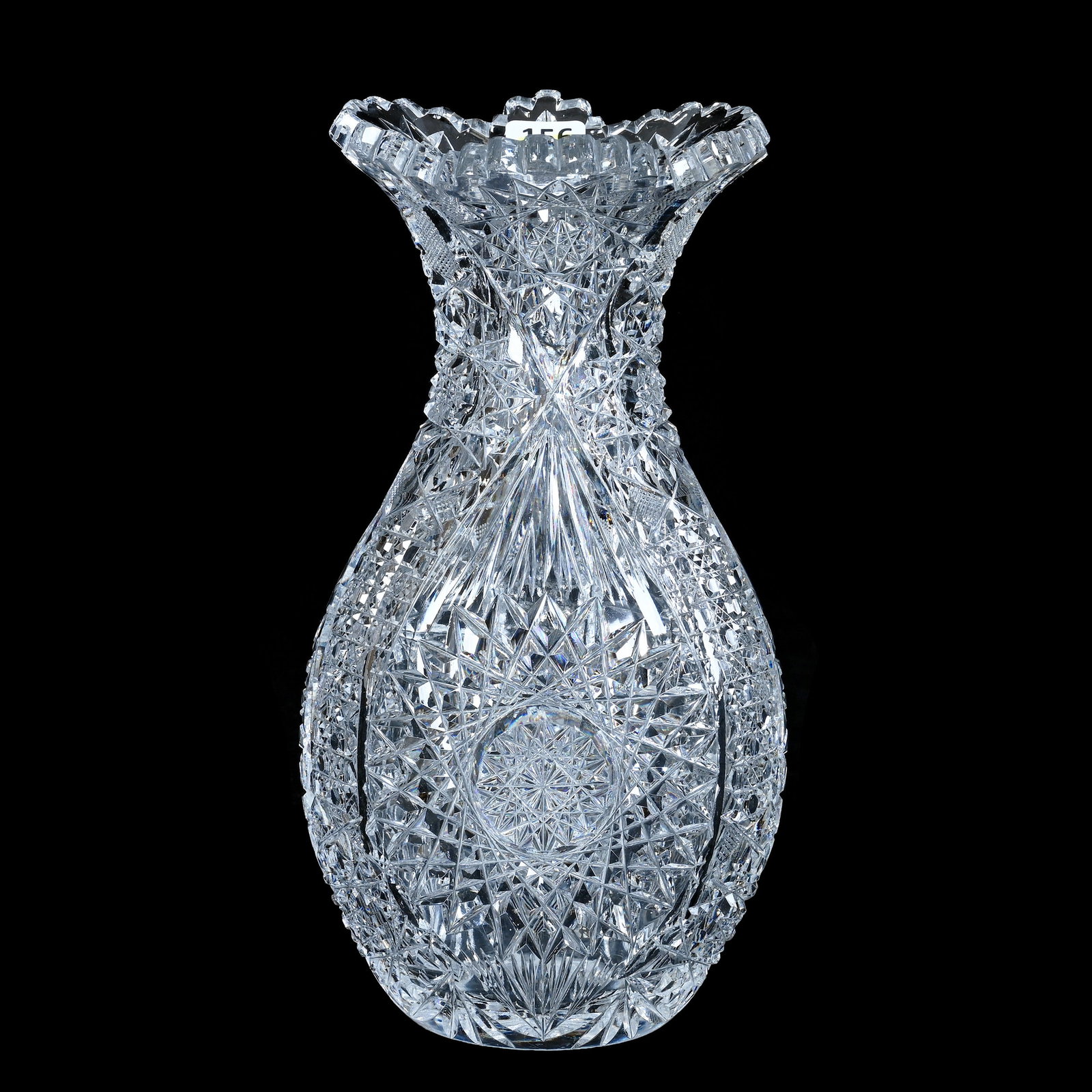 Bowling Pin Shaped Vase, American Brilliant Cut Glass: Bowling Pin Shaped Vase, American Brilliant Cut Glass, 10 x 5.25 x 5.25 Inches, Hobstar, Cane, Vesica, Crosscutting, And Fan Motif, Ray Cut Base, Heavy Blank, One Tooth Chip, 5.3 Pounds, Private Colle