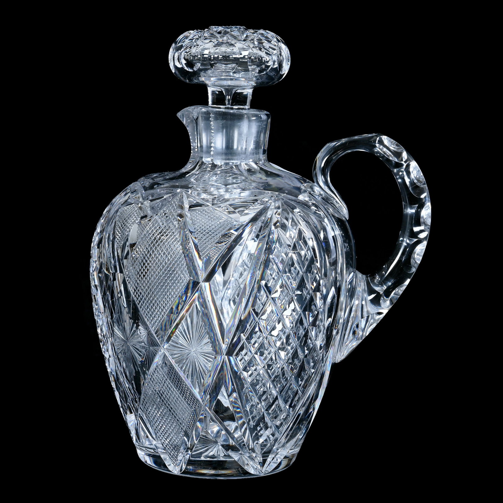 Whiskey Jug, American Brilliant Cut Glass, Clark: Whiskey Jug, American Brilliant Cut Glass, Clark, 7.75 x 6 x 4.75 Inches, Quarter Diamond, Crosscutting, And Star Motif, Double Notched Handle, Ray Cut Base, Hobstar Cut Stopper, 2.9 Pounds, Private C