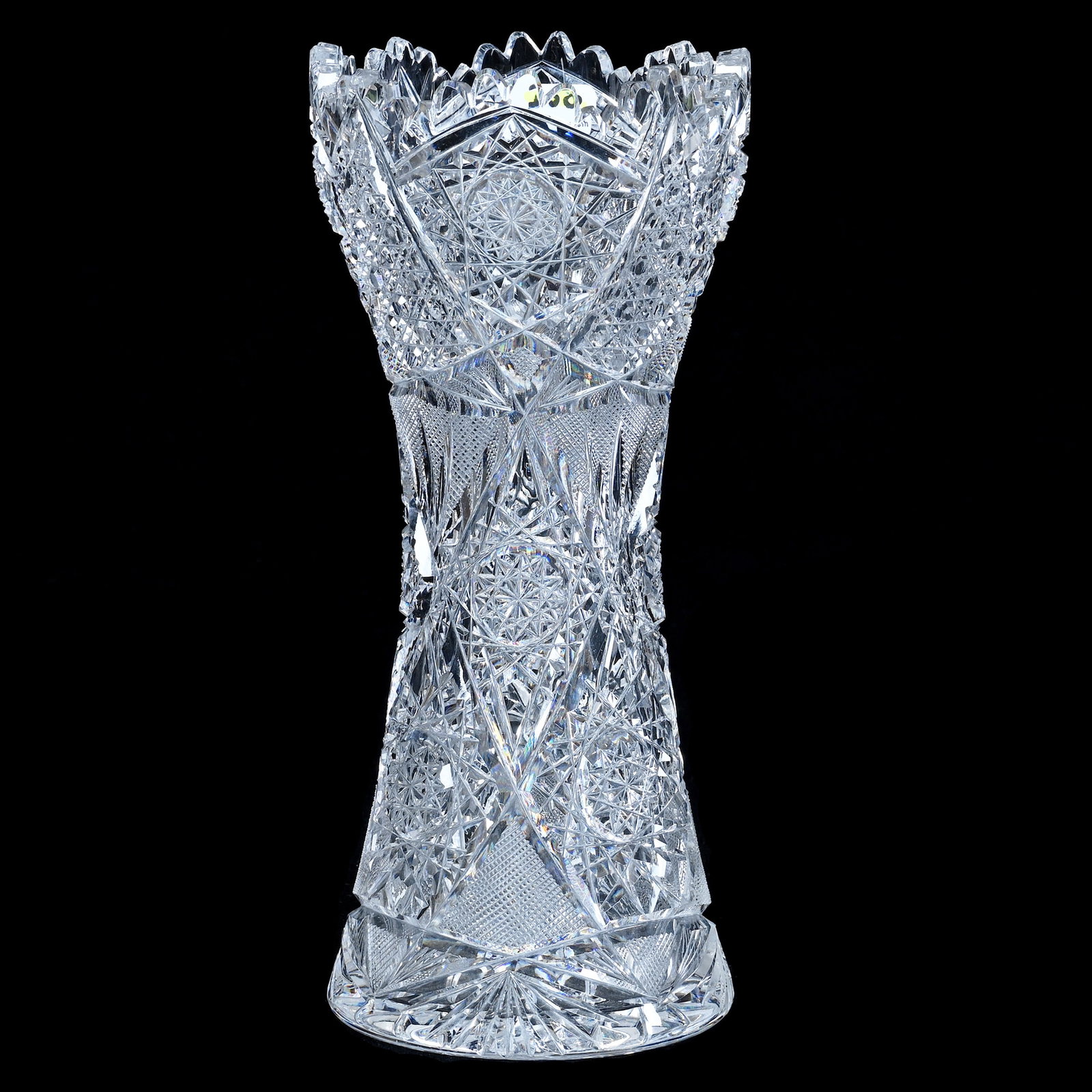 Vase, American Brilliant Cut Glass: Vase, American Brilliant Cut Glass, 9.75 x 4.5 x 4.5 Inches, Hobstar, Crosscutting, Cane, And Fan Motif, Hobstar Base, 3.5 Pounds, Private Collection, New Jersey. Effective 6/6/26, All LiveAuctioneers