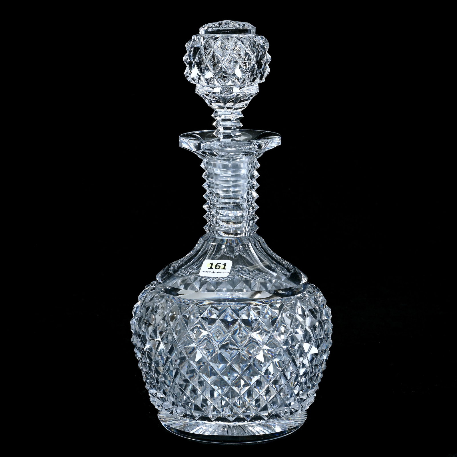 Decanter, American Brilliant Cut Glass: Decanter, American Brilliant Cut Glass, 12 x 6 x 6 Inches, Deep Diamond Point Motif With Pattern Cut Stopper, Step Cut Neck, Ray Cut Base, Extra Clear Blank, Nice Quality, 5.2 Pounds, Private Collecti