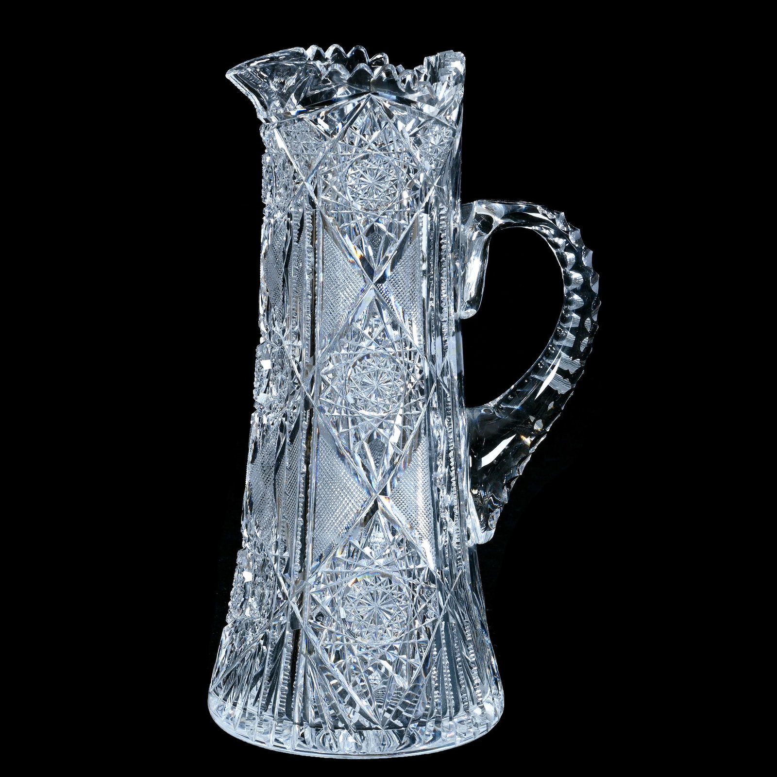 Tankard, American Brilliant Cut Glass: Tankard, American Brilliant Cut Glass, 11.25 x 6.25 x 5 Inches, Hobstar, Crosscutting, Prism, And Fan Motif, Triple Notched Handle, Ray Cut Base, Clear Blank, Minor Rim Nick, 5.2 Pounds, Private Colle