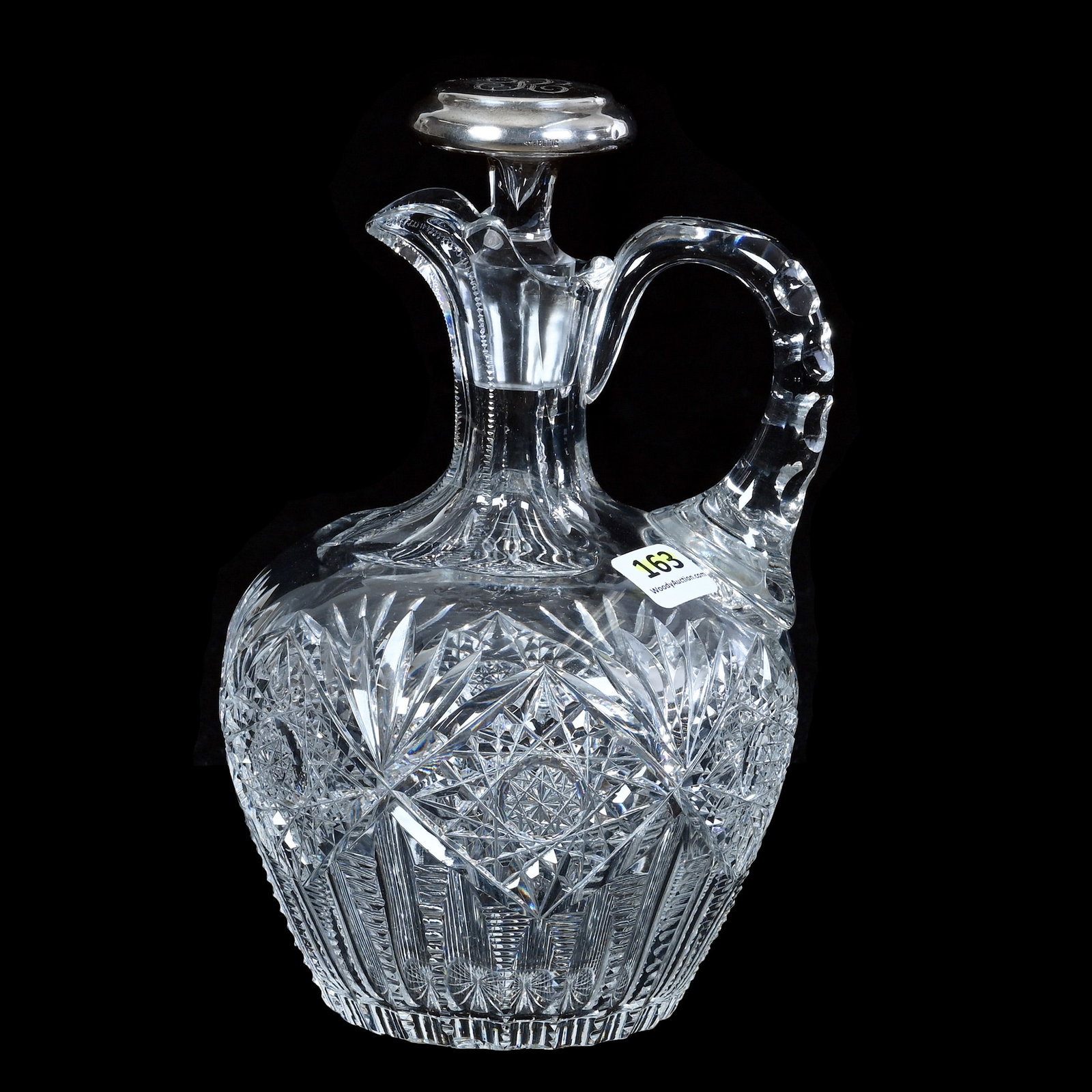 Whiskey Jug, American Brilliant Cut Glass, Hindoo Pattern By J. Hoare: Whiskey Jug, American Brilliant Cut Glass, Hindoo Pattern By J. Hoare, 8 x 5 x 4.75 Inches, Double Notched Handle, Ray Cut Base, Sterling Silver Stopper, 2.7 Pounds, Private Collection, New Jersey. Ef