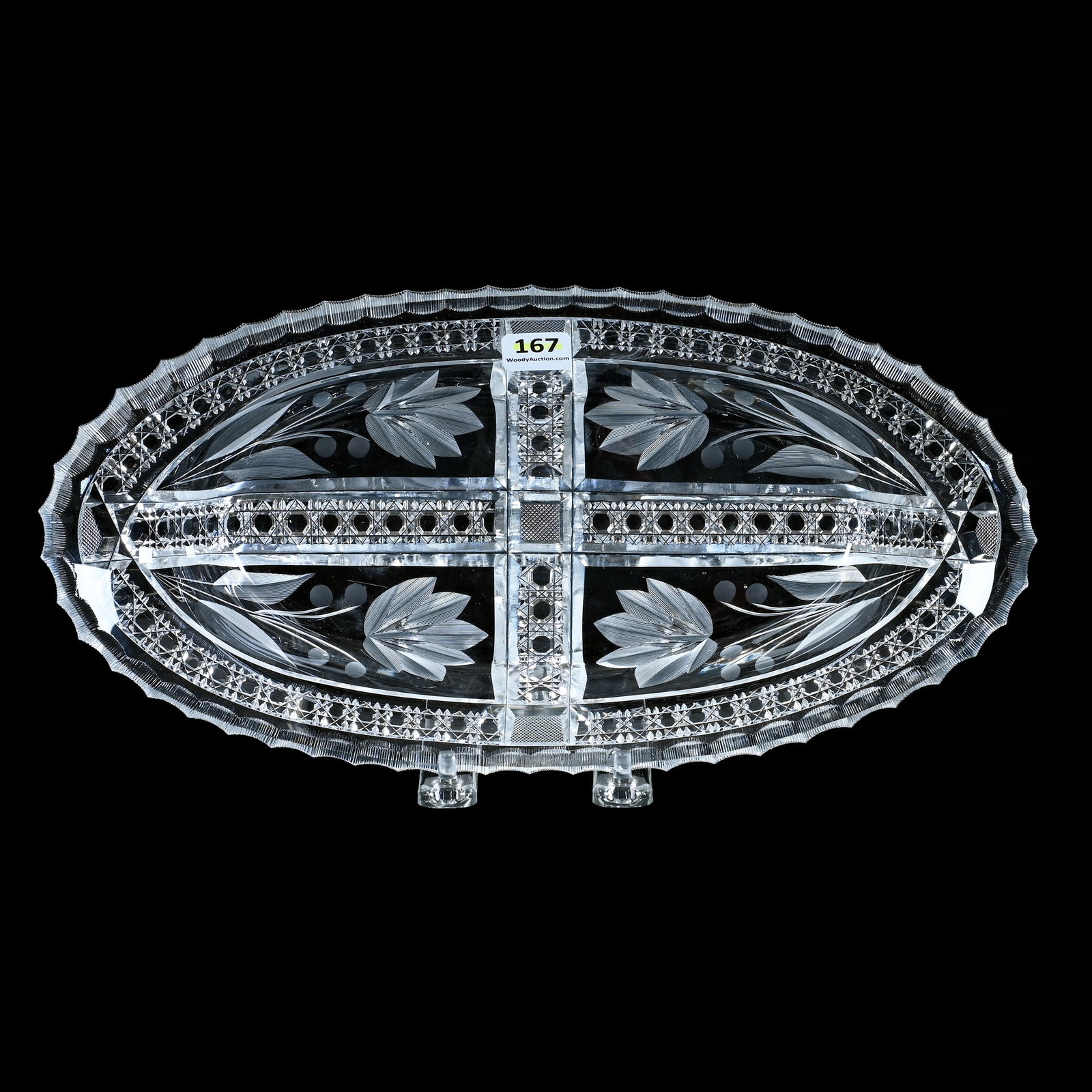 Celery Tray, American Brilliant Cut Glass: Celery Tray, American Brilliant Cut Glass, 12.5 x 6.25 x 2 Inches, Engraved Floral Sections With Cane Border, Hard To See Rim Chip, 3.2 Pounds, Private Collection, New Jersey. Effective 6/6/26, All Li