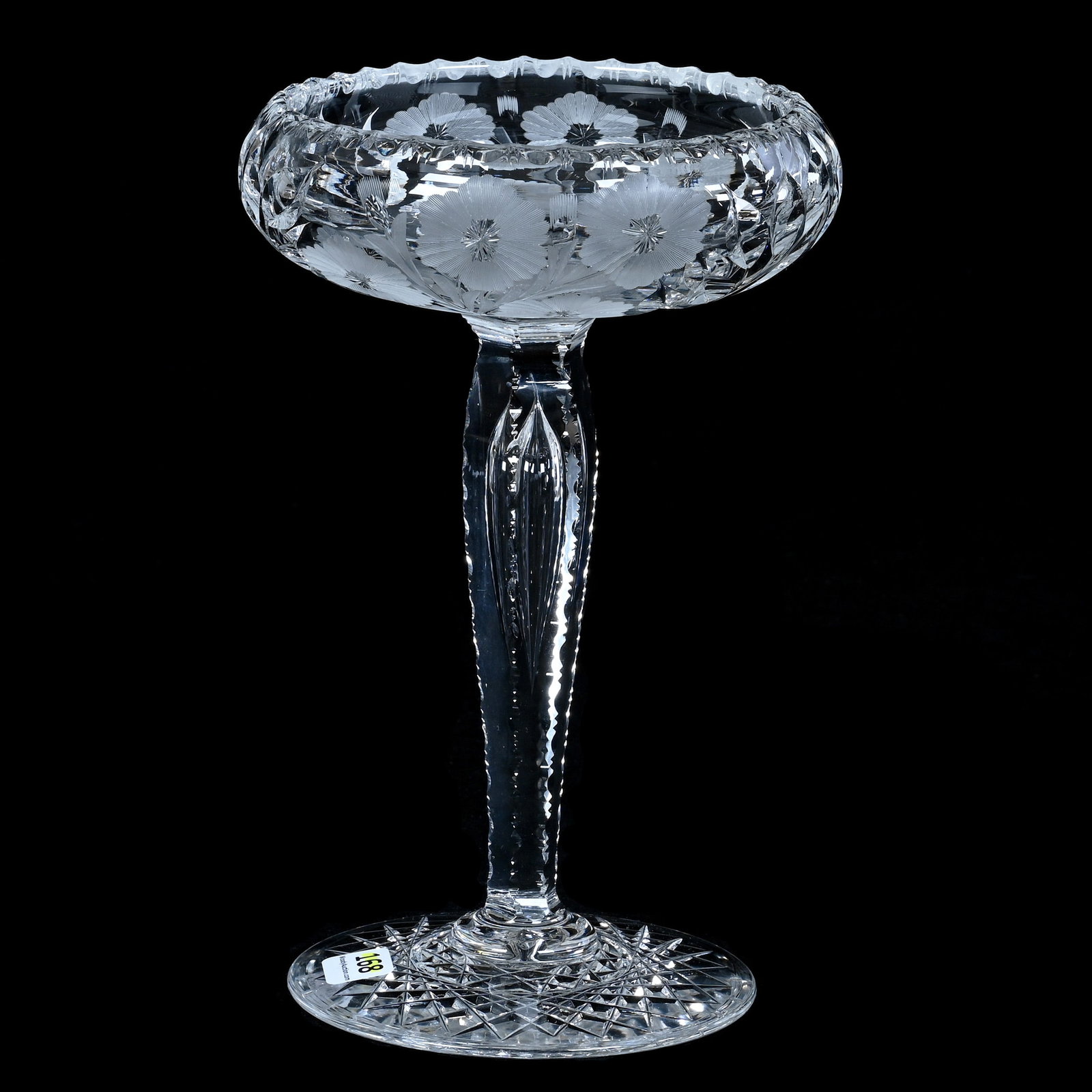 Rolled Rim Compote, American Brilliant Cut Glass: Rolled Rim Compote, American Brilliant Cut Glass, 9.25 x 6 x 6 Inches, Engraved Floral Pattern With Notched Teardrop Stem And Hobstar Foot, 2.7 Pounds, Private Collection, New Jersey. Effective 6/6/26