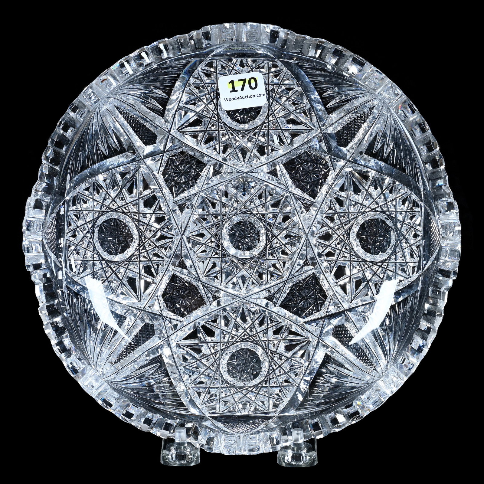 Bowl, American Brilliant Cut Glass: Bowl, American Brilliant Cut Glass, 8.25 x 8.25 x 2 Inches, Four Sections Of Hobstar, Crosscutting, And Fan Motif, 2.5 Pounds, Private Collection, New Jersey. Effective 6/6/26, All LiveAuctioneers Inv