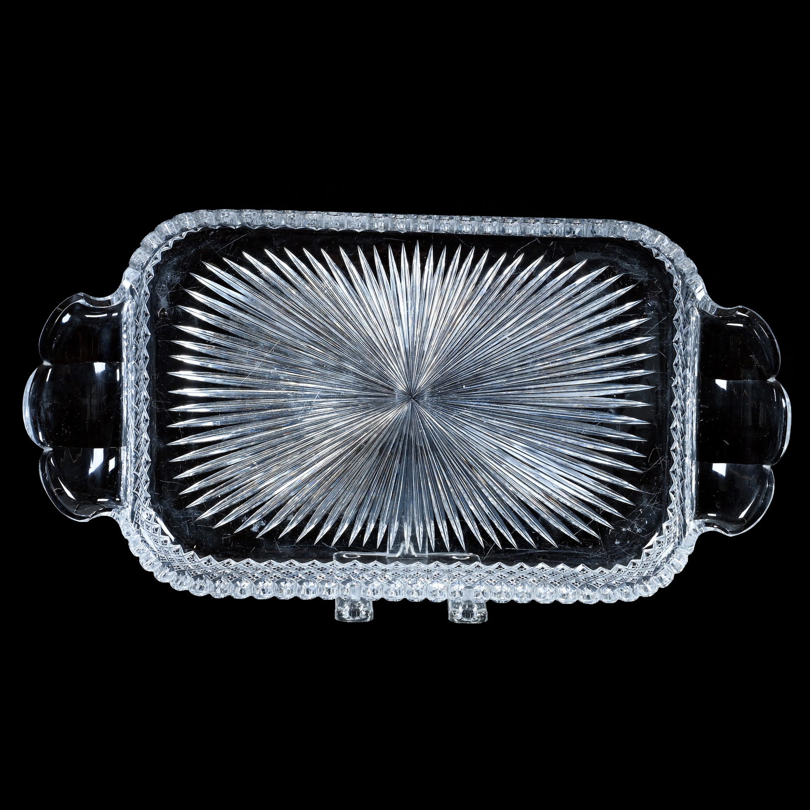 Serving Tray, American Brilliant Cut Glass: Serving Tray, American Brilliant Cut Glass, 14.75 x 7.5 x 2.5 Inches, Ray Cut Center With Quarter Diamond Border, Clear Blank, 3.7 Pounds, Private Collection, New Jersey. Effective 6/6/26, All LiveAuc