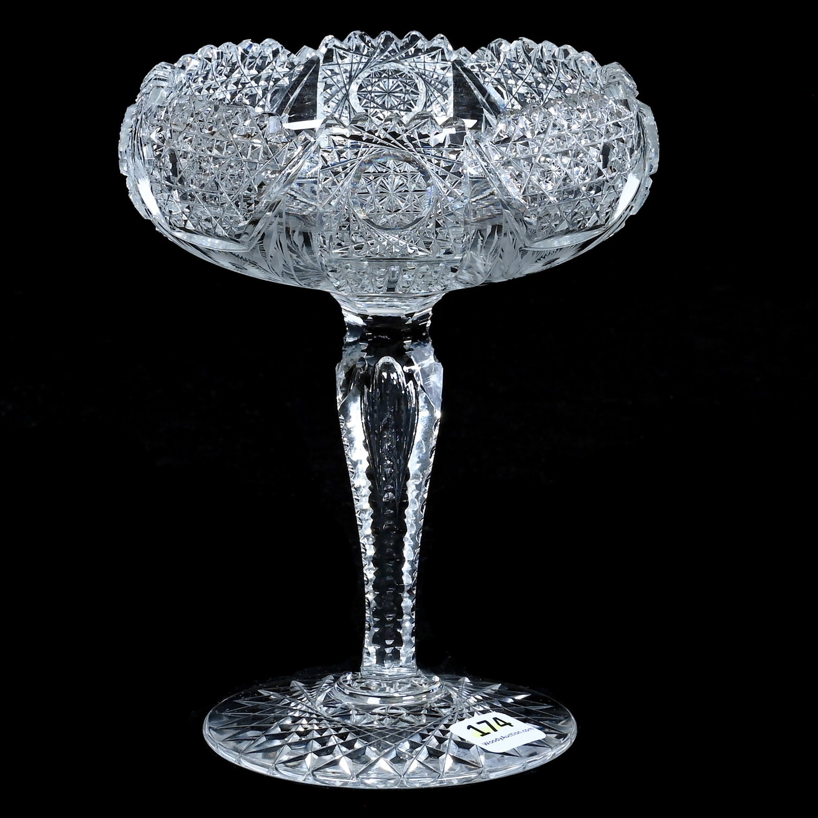 Rolled Rim Compote, American Brilliant Cut Glass, Chippendale Pattern By Clark: Rolled Rim Compote, American Brilliant Cut Glass, Chippendale Pattern By Clark, 7 x 5.25 x 5.25 Inches, Notched Teardrop Stem And Hobstar Foot, 1.8 Pounds, Private Collection, New Jersey. Effective 6/